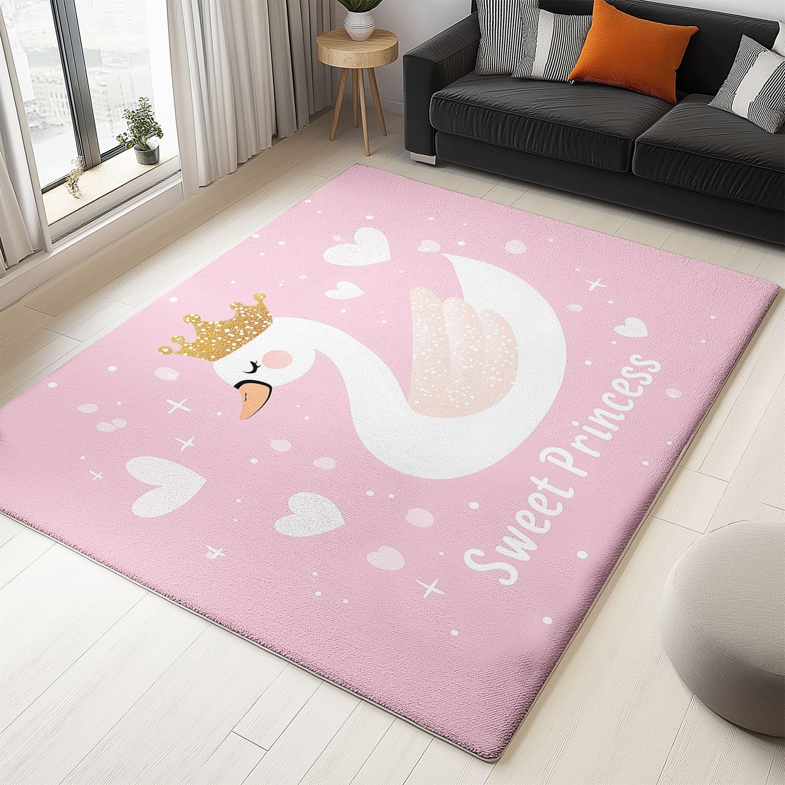 Tapis Salon Poil Court Lavable Antidérapant 60x110 cm Rose Blanc Motif Cygne Princesse