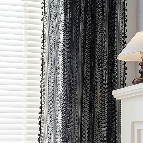 Miniatura 8 de Deeprove Cortina de encaje de ganchillo traslúcida estilo bohemio de 96 pulgadas de largo, cortina de punto hecha a mano con borlas de macramé para