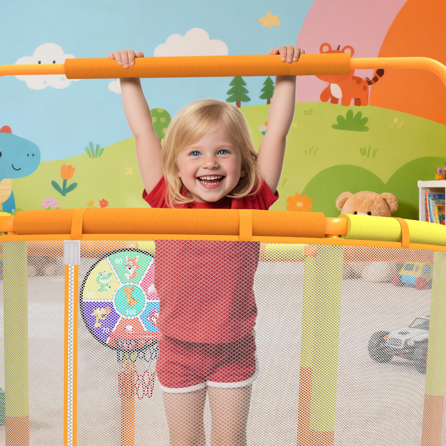 CZCPAPY Trampolín para Niños, Trampolín para Niños al Aire Libre, Uso Interior y Exterior, con Red de Seguridad, Cesta, Postes, Columpios, Regalo para Niños (amarillo naranja)