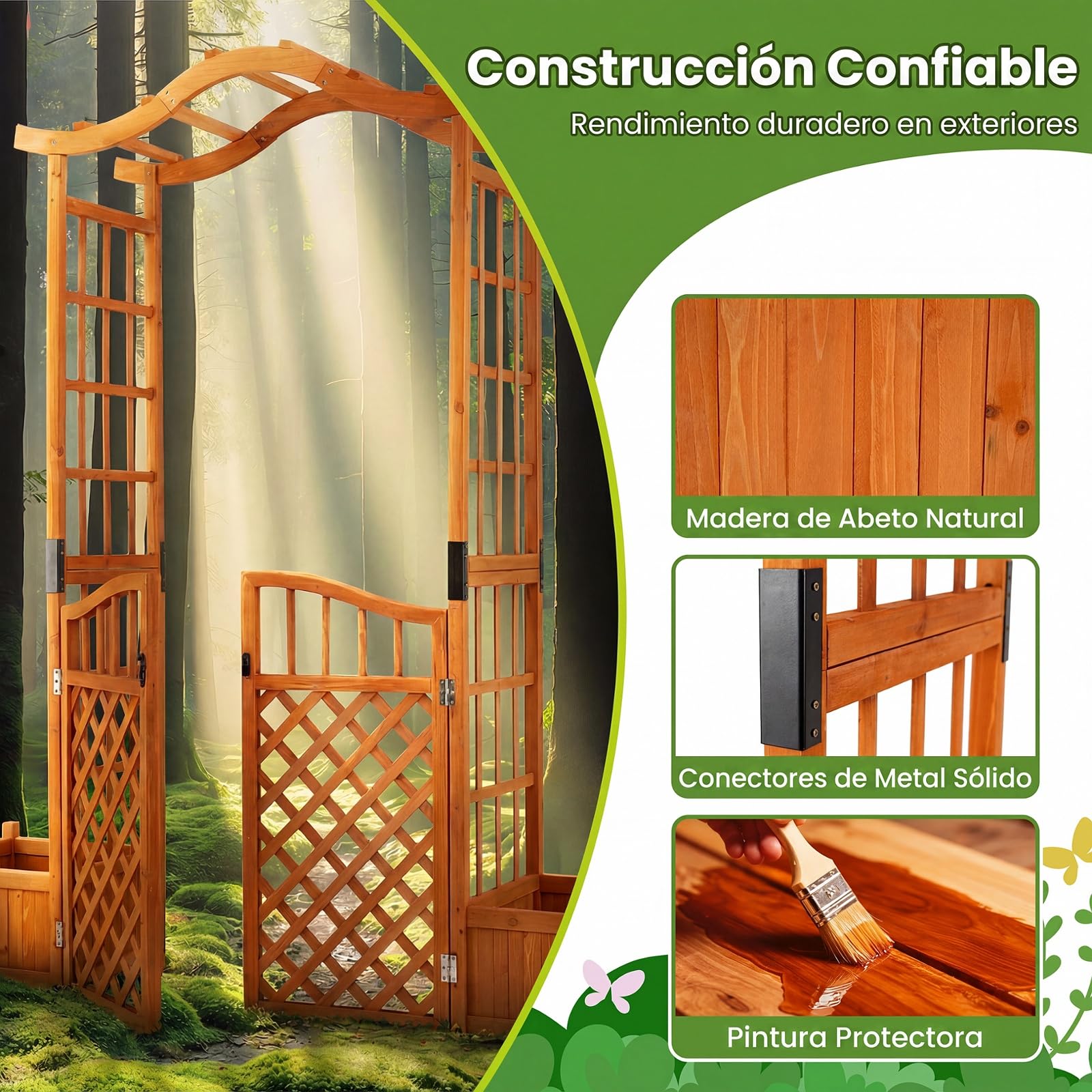 COSTWAY 210 cm Jardinera con Celosia, Pérgola de Jardín con Puerta y 2 Jardineras, Arco Jardin Exterior de Madera con Orificios de Drenaje, Enrejado para Plantas Trepadoras, Rosas y Enredaderas