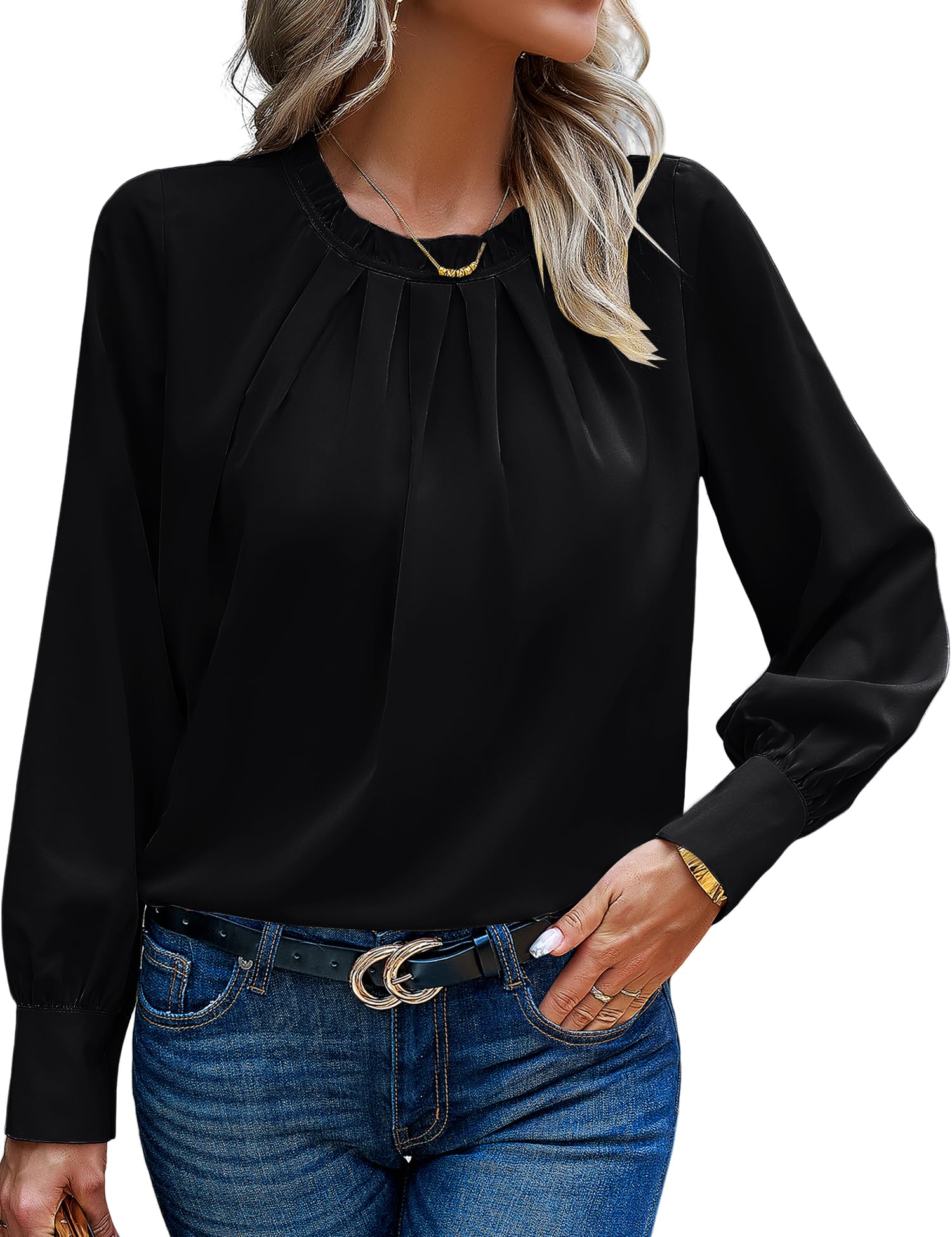 HANERDUN Damen Bluse Chiffon Elegant Blusenshirt Langarm Tunika Falten Stehkragen Tops Casual Oberteile Locker Arbeit Shirts Hemd Streetwear