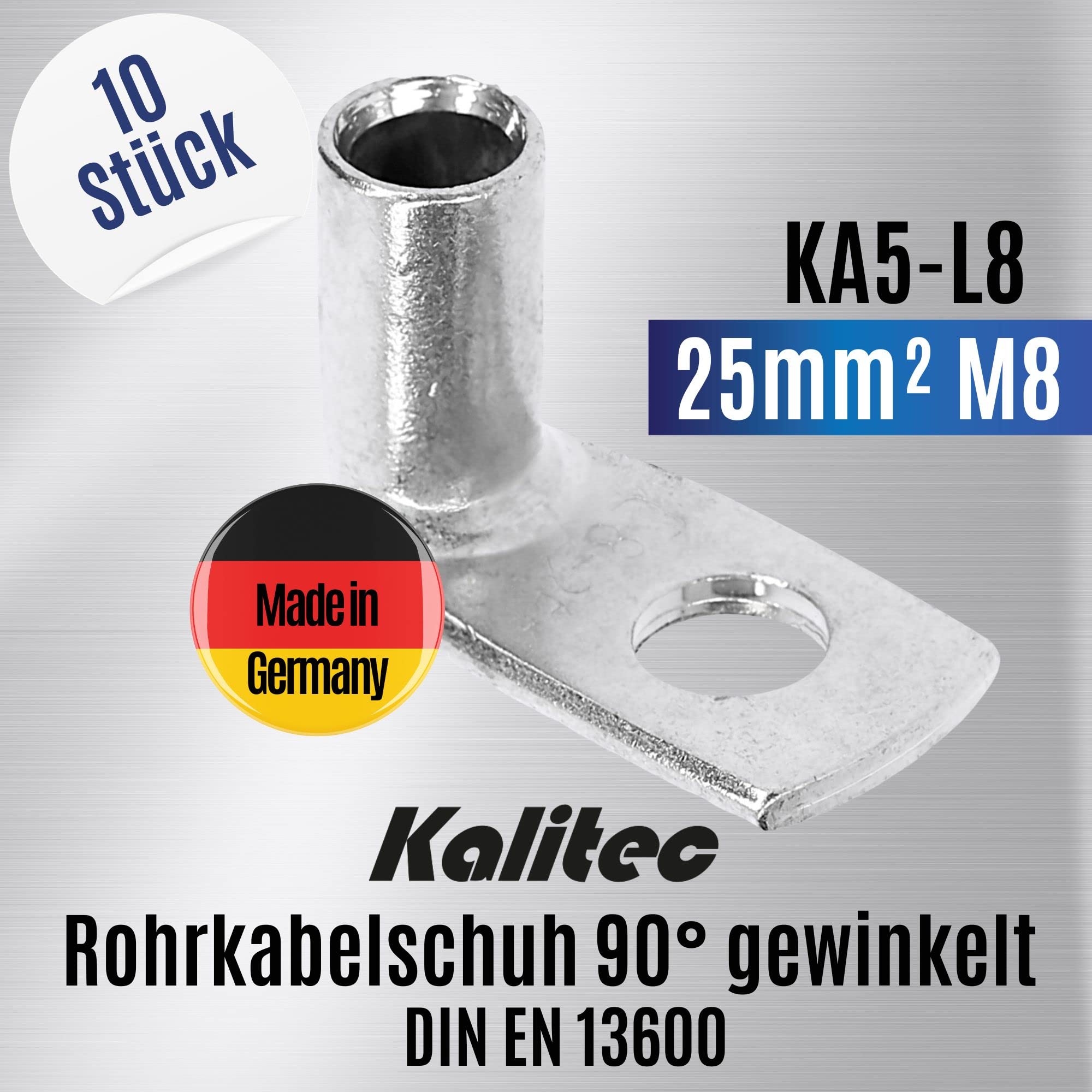 Kalitec 10x Cosse Tubulaire Coudée 90° 25 mm² M8, Cosse à Sertir Standard | Connecteur de câble en cuivre étamé pour installations électriques, solaires, auto et industrie. Fabriqué en Allemagne.