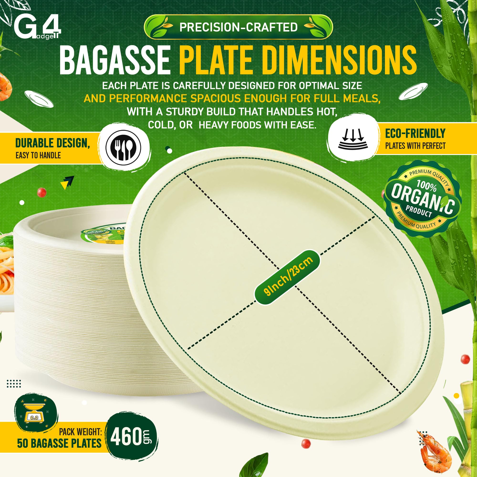 G4GADGET 9 Inch Heavy Duty Bagasse Paper Plates - Pack of 50, White - Image 4