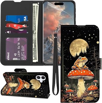 for iPhone 17 Case Wallet with Screen Protector, Stand PU Leather Flip Folio Cover with Card Holder, Full-Body Protection Phone Case for iPhone 17, Mushroom Frog 02