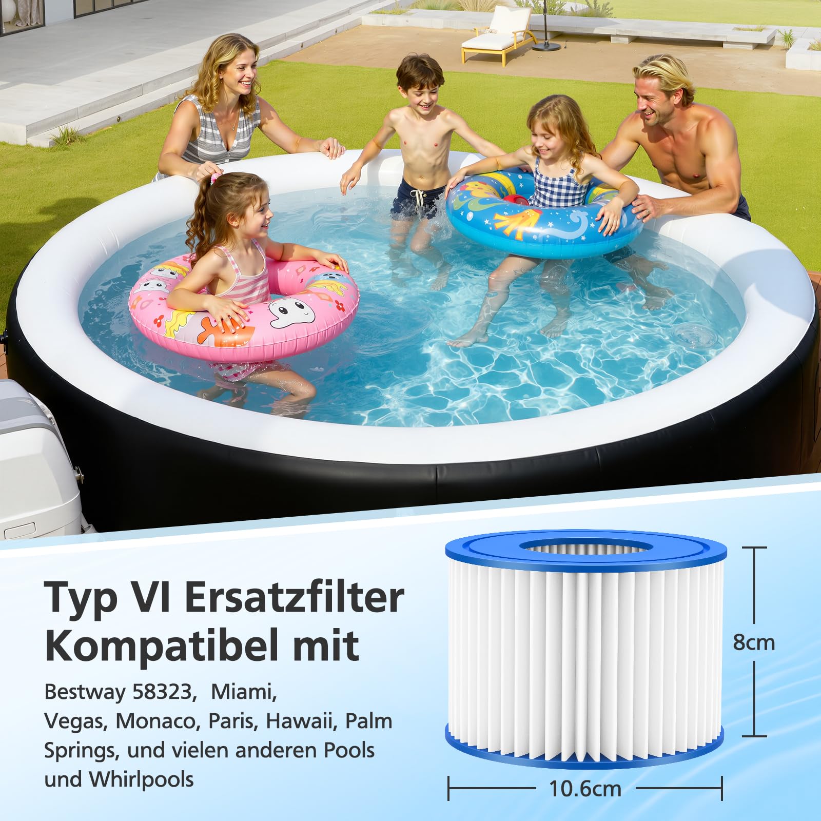 Filter VI für Pool, 6 Stück Filterkartuschen VI für Miami, Monaco, Vegas, PoolFilter Ersetzt die Originalkartusche BW58323, Pool Filter VI PATRONE
