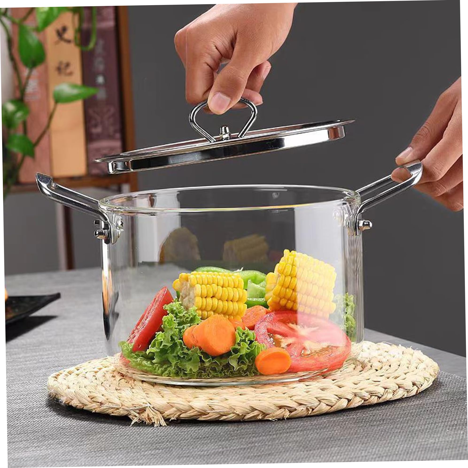 Pentola in vetro per fornelli Pentola in vetro trasparente da 3, 5 litri con coperchio e doppie orecchie resistente al calore per pasta, zuppe, latte, alimenti per bambini.