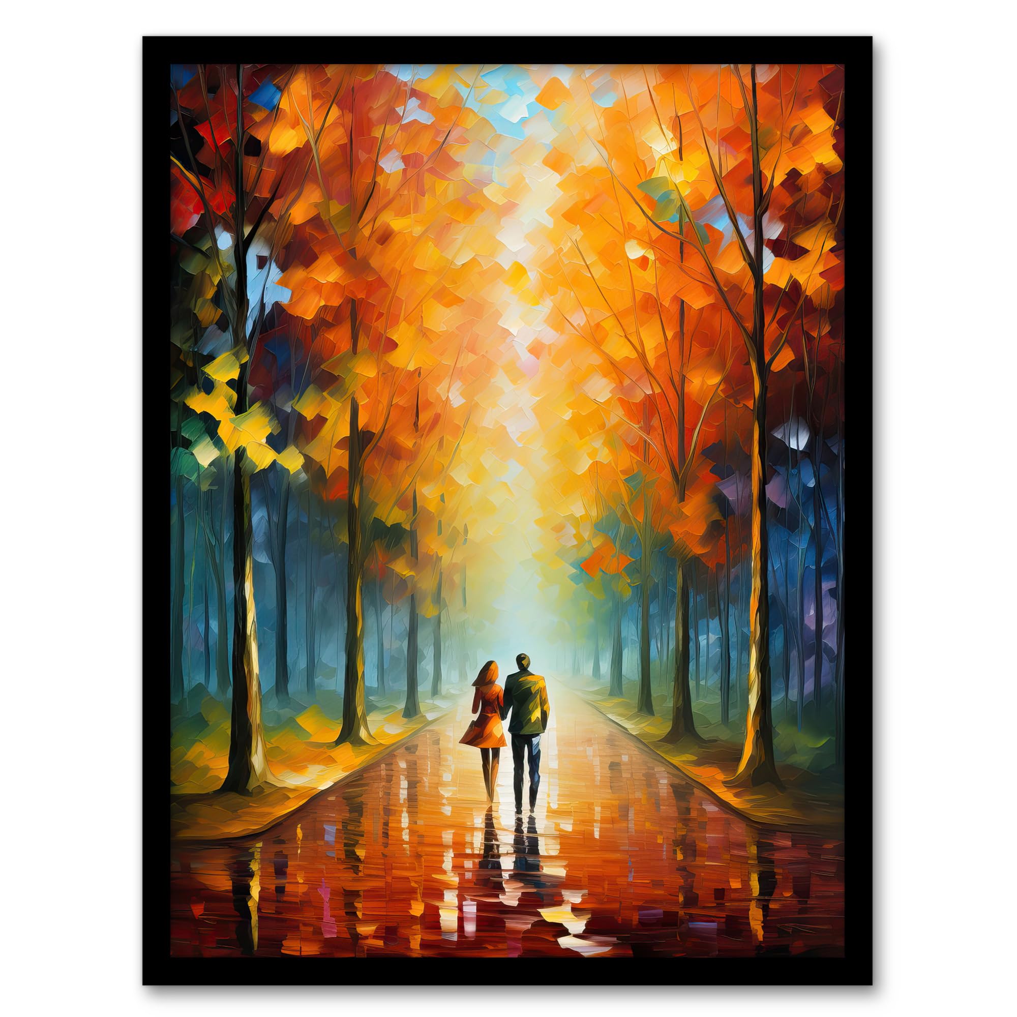 Artery8 Lovers Walk Oil Painting Pallet Knife Couple Taking Stroll Through Park In Autumn Artwork Framed Wall Art Print A4