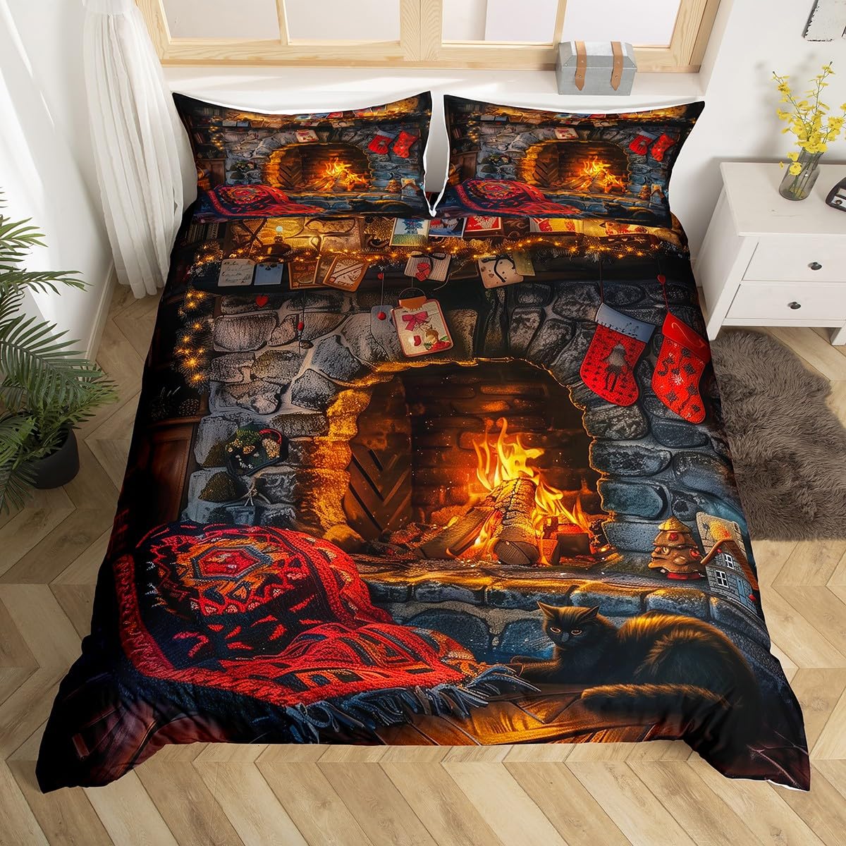 Christmas Fireplace Duvet Cover Set King Size,Rustic Farmhouse Western Brick Wall Bedding Set,3D Burning Fire Winter Xmas Cute Cat Comforter Cover(No Filler) for Young,3 Pcs