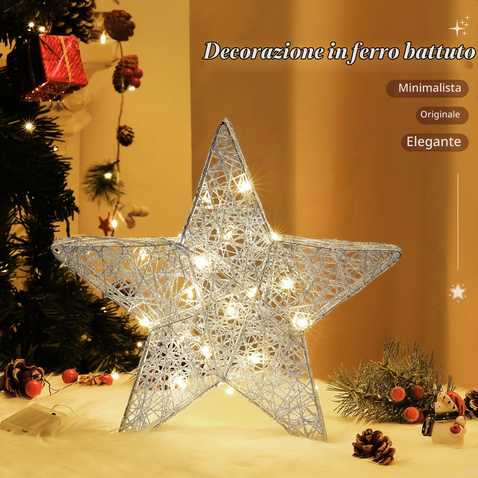Lewondr Lampada Decorativa a Forma di Stella, Lampada da Scrivania a LED con Luce Calda Decorazione Natalizia per Interni Lampada da Tavolo per Camera da Letto e Soggiorno, Argento