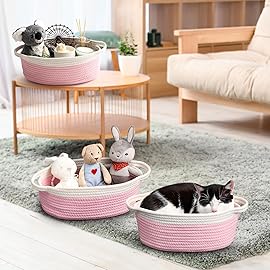 2 Pack Small Woven Basket with Gift Bags and Ribbons, Empty Decorative Gift Chest Box, Cute Baby Gift Basket for Nursery, Cotton Rope Room Shelf Storage Basket with Handles, All 12x 8x 5, Pink