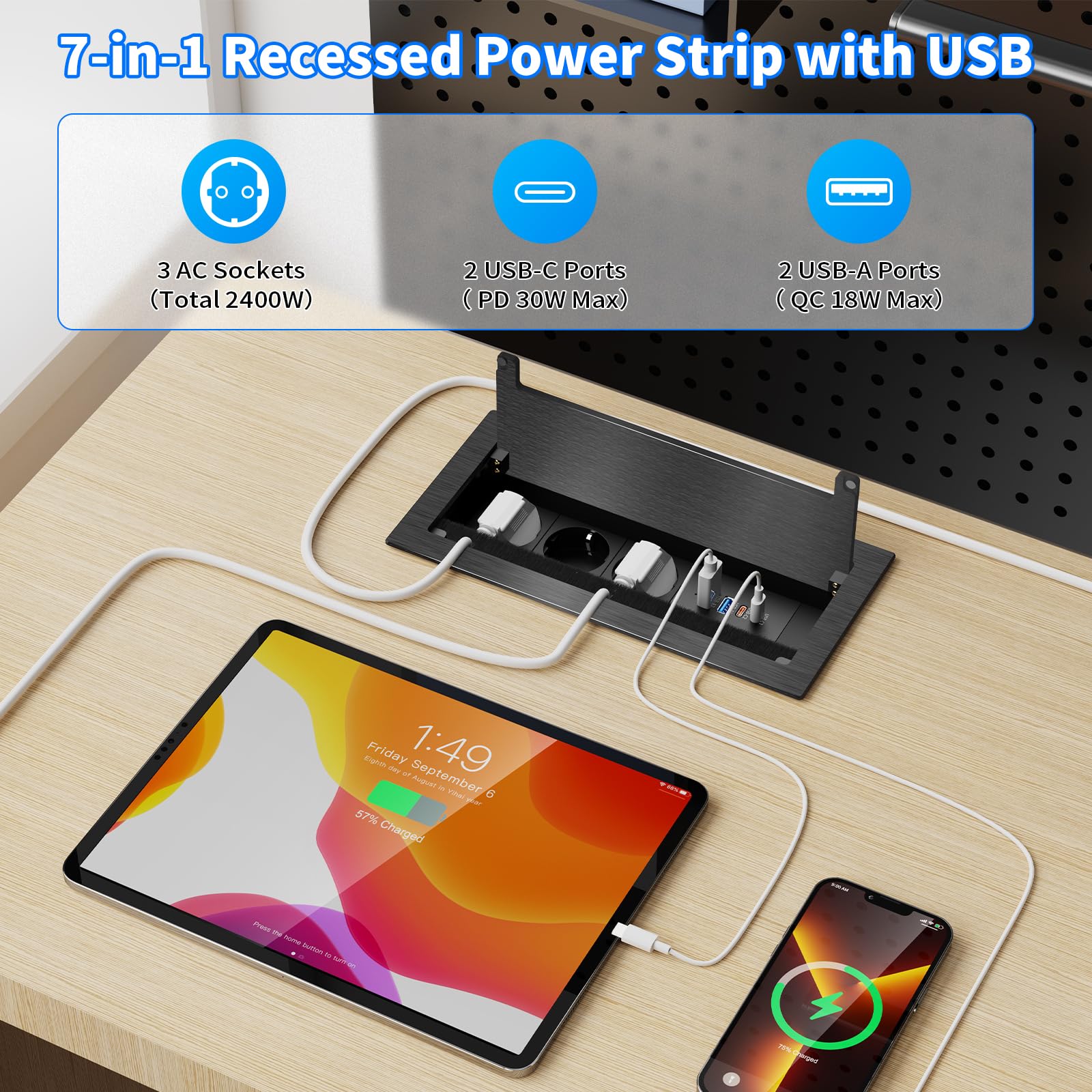 Versenkbare Steckdose mit 2X USB-C PD 30W, 3-Fach, Aluminium | 2x USB-A QC 18W, Klappdeckel für saubere Optik, Bürstenleiste für Kabelmanagement, 1,8 m Kabel, Schreibtisch & Küche