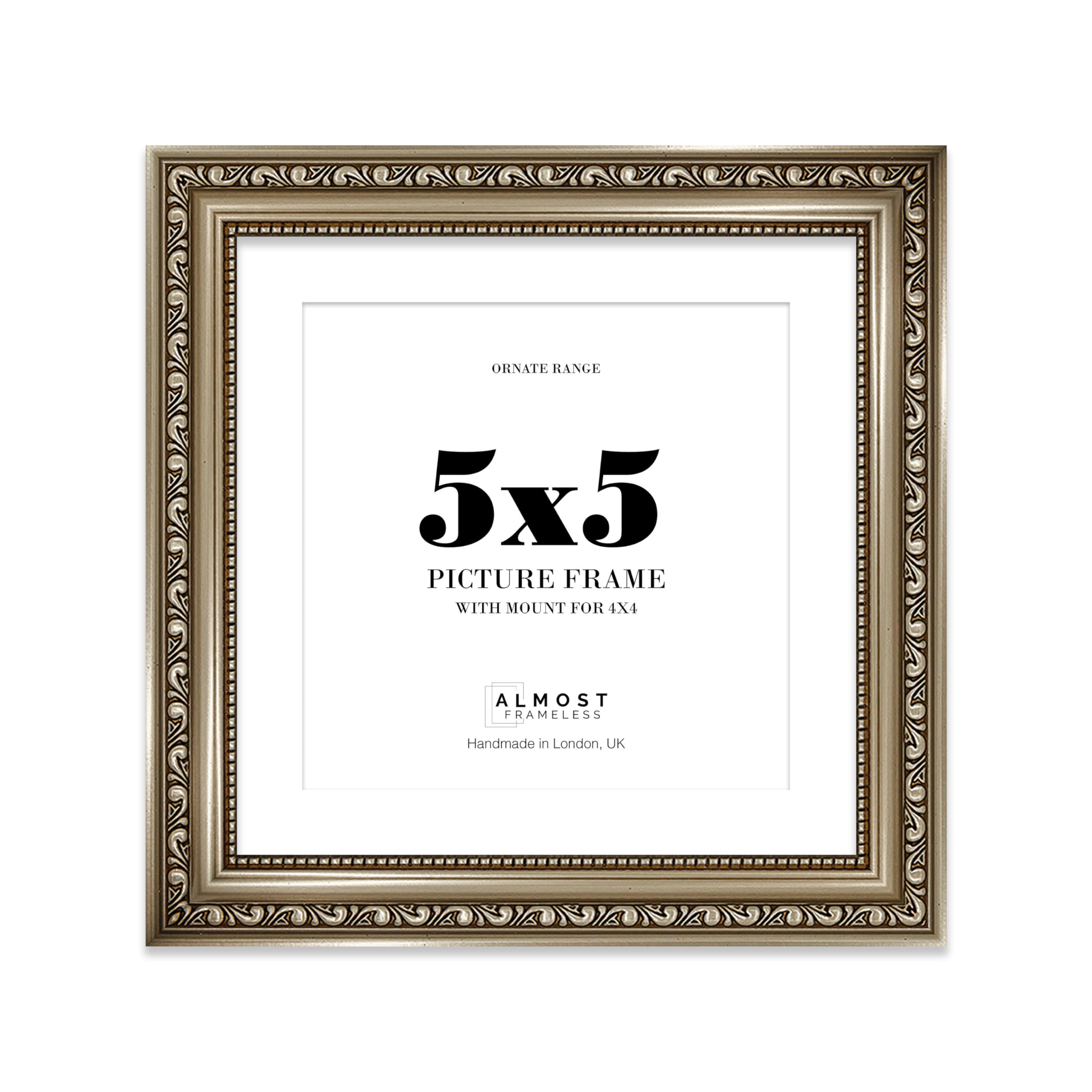 5x5 Gunmetal Ornate Photo Frame With White Mat For 4x4 Picture, Ready to Hang or Stand, 1 Pack