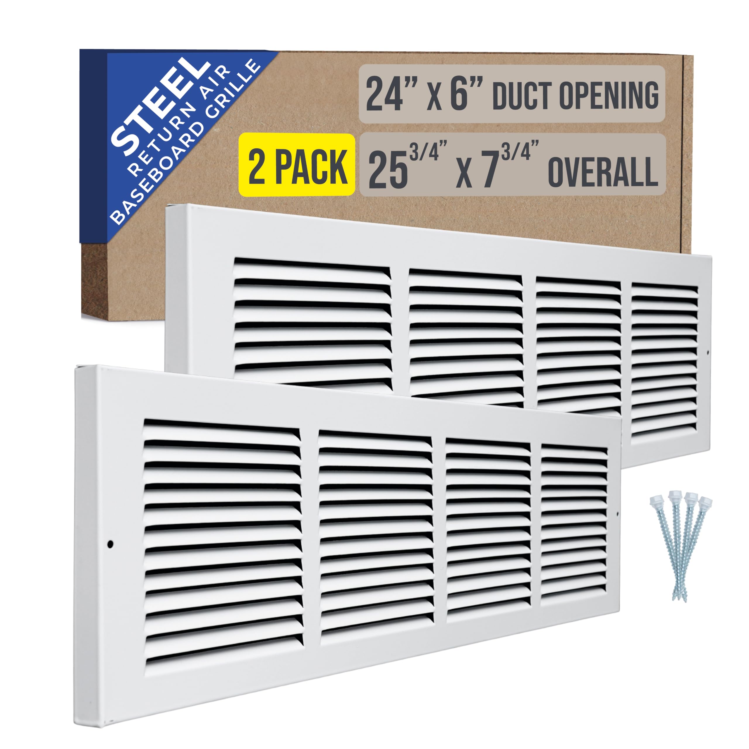 2 Pack of Handua 24"W x 6"H [Duct Opening Size] Baseboard Return Air Grille | Vent Cover Grill | 7/8" Margin Turnback to Fit Baseboard | White | Outer Size: 25.75"W X 7.75"H for 24x6 Duct Opening