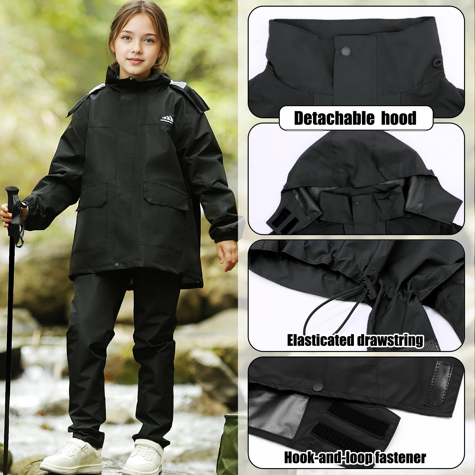 Tuta Impermeabile Bambini, Leggero Antipioggia Giacca con Cappuccio e Pantaloni Set, Unisex Ragazze Ragazzi Impermeabili Pioggia Completo Sportivo All'aperto Abbigliamento per 8-14 anni