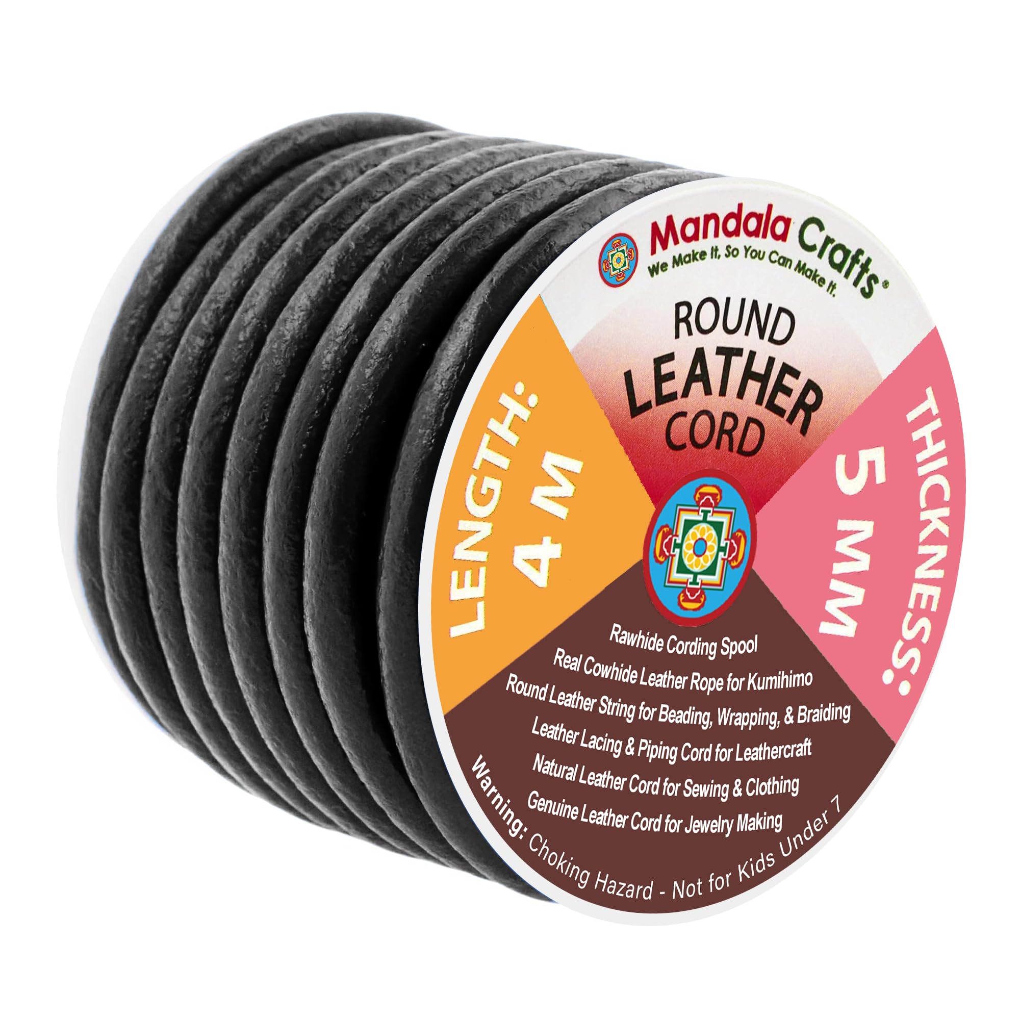 Mandala Crafts Round Cowhide Genuine Leather String Cord, Natural Rawhide Rope for Jewelry Making, Kumihimo Braiding, Shoelaces (5mm, Black)
