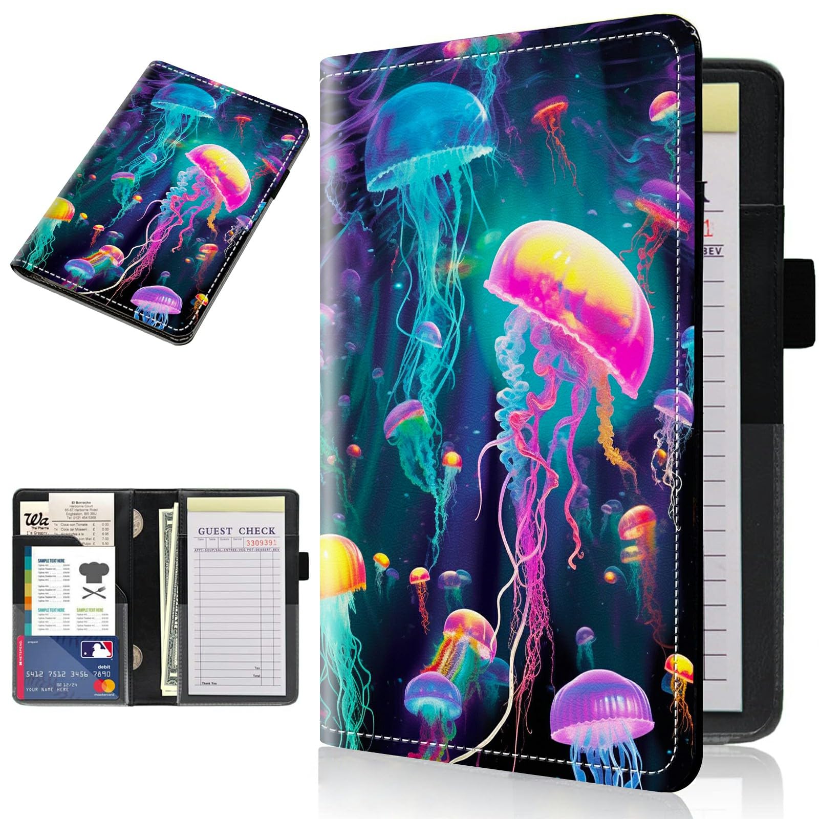 BPQOJB Server Books for Waitress Leather Waitress Book Server with Zipper Money Pocket Cute Beautiful Ocean Pattern Design Serving Book Guest Check