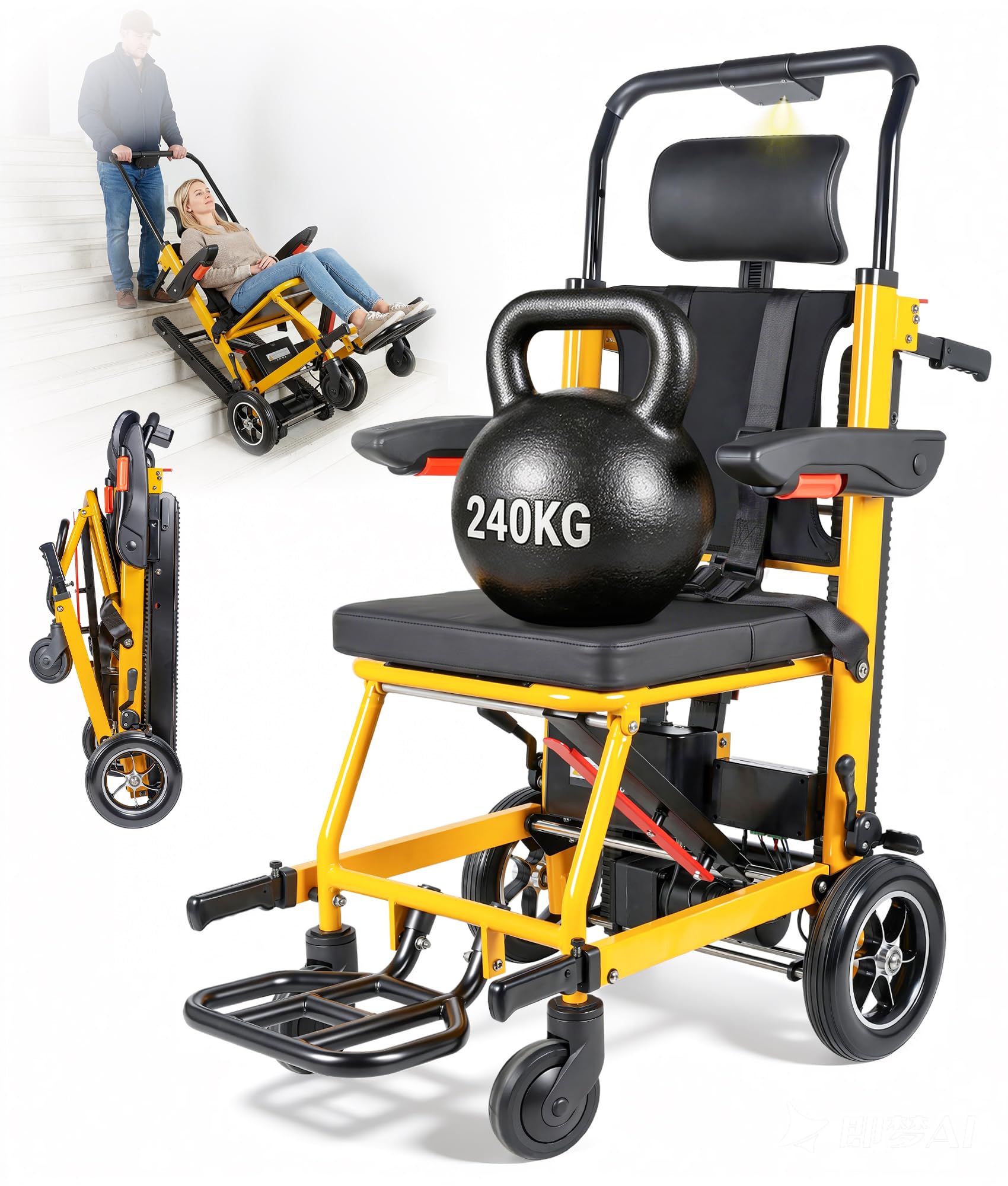 3 in 1 Elektrischer Treppensteiger Rollstuhl Faltbar, Elektro Treppenfahrstuhl, Faltbarer Elektrorollstuhl Treppenlift für Senioren, 240kg Tragkraft & 300W Motor, Sicherheitsgurte (Gelb)
