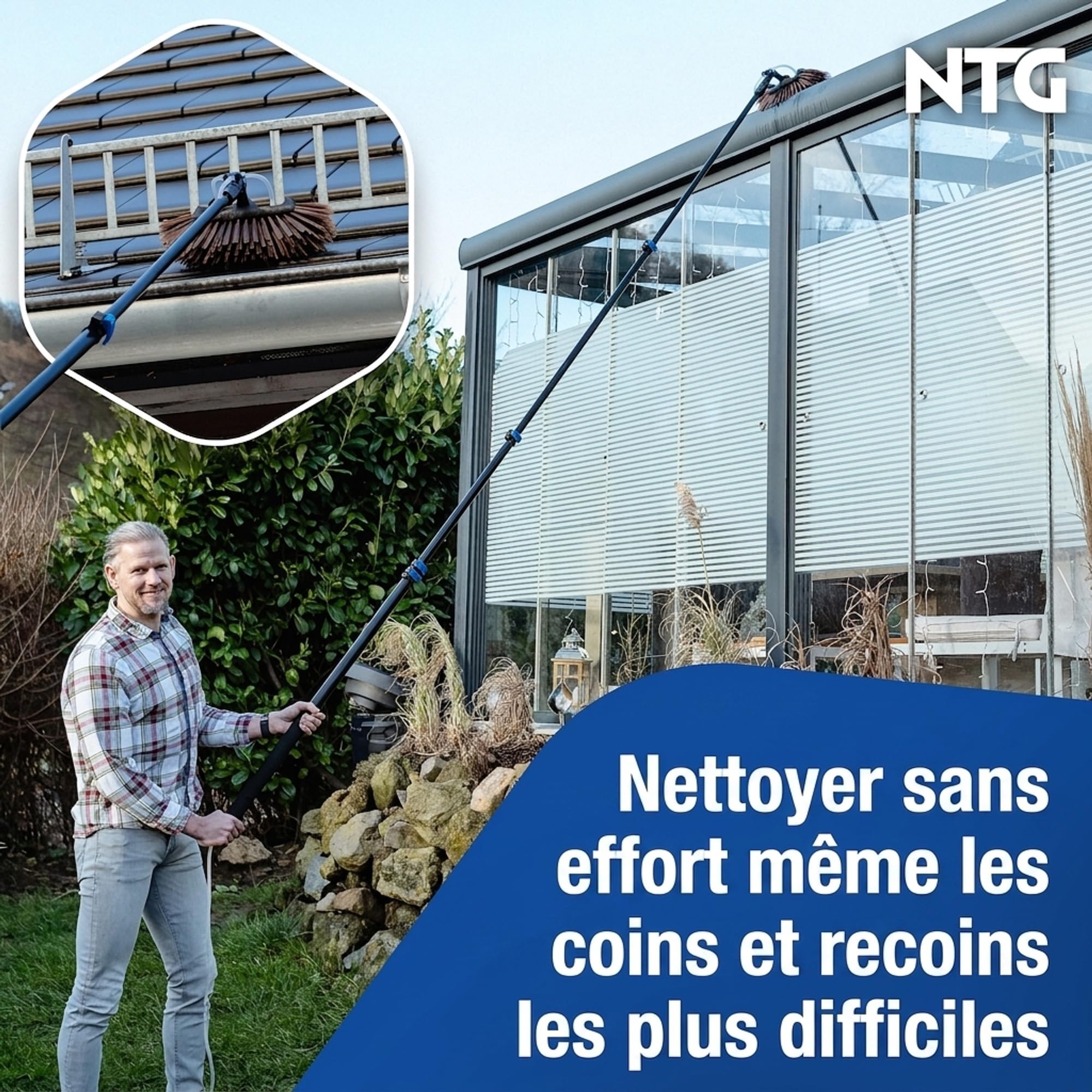 NTG Balai-brosse télescopique 4,6m 3-en-1 avec tête de brosse extra douce | Chiffon en microfibre & décapeur + raccord d'eau | Ensemble de nettoyage pour véranda et installation PV, Balai-brosse avec