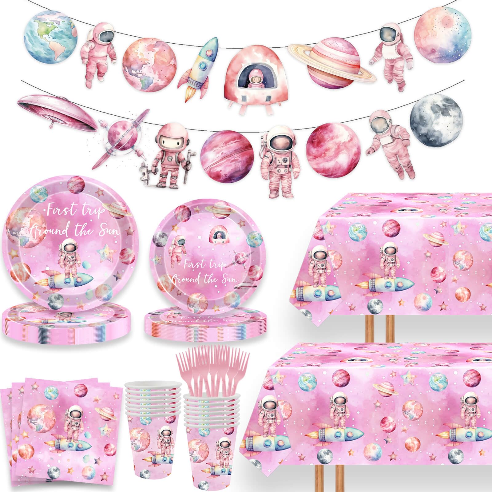 118 Pcs First Trip Around The Sun Birthday Decorations Pink Outer Space Tablecloth Dinner Plates Napkins Forks Cups Banner Dinnerware for Space Theme
