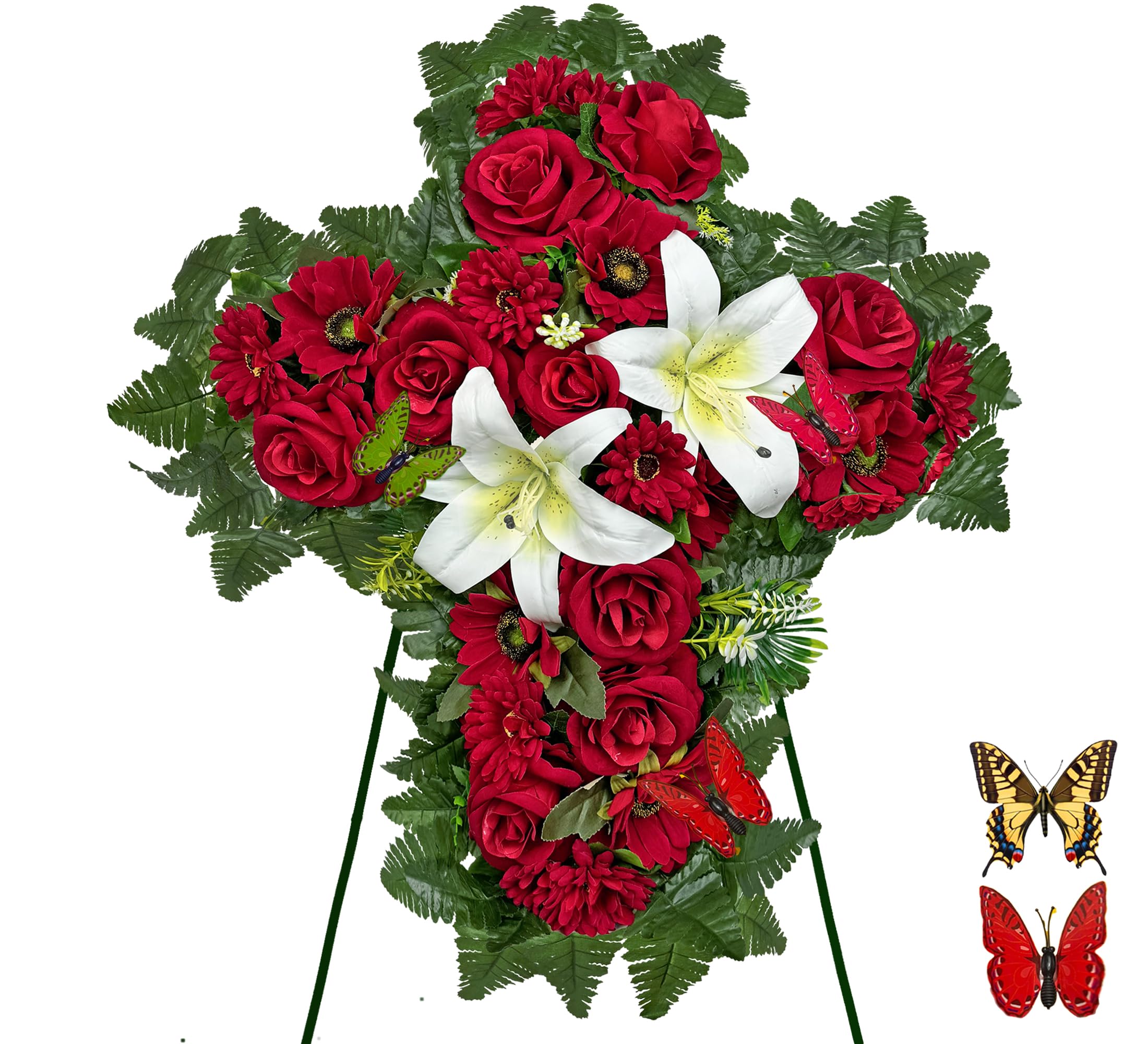 Cemetery Flower for Grave Decorations, Memorial Floral Cross with Easel Stand,Headstone Wreath-Red Rose Hibiscus/White Lily-28 Inch