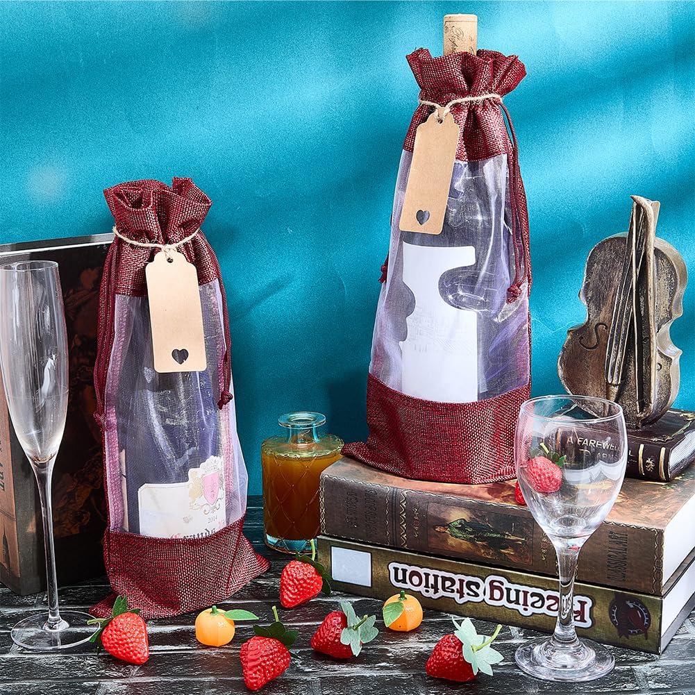 Beebeecraft 2Pcs 14.5x6.5 Inch Burlap Wine Bags with Tag Red Visible Window Sleeves Drawstring Wine Bottle Gift Jute Pouches for Champagne Whiskey Wedding Party