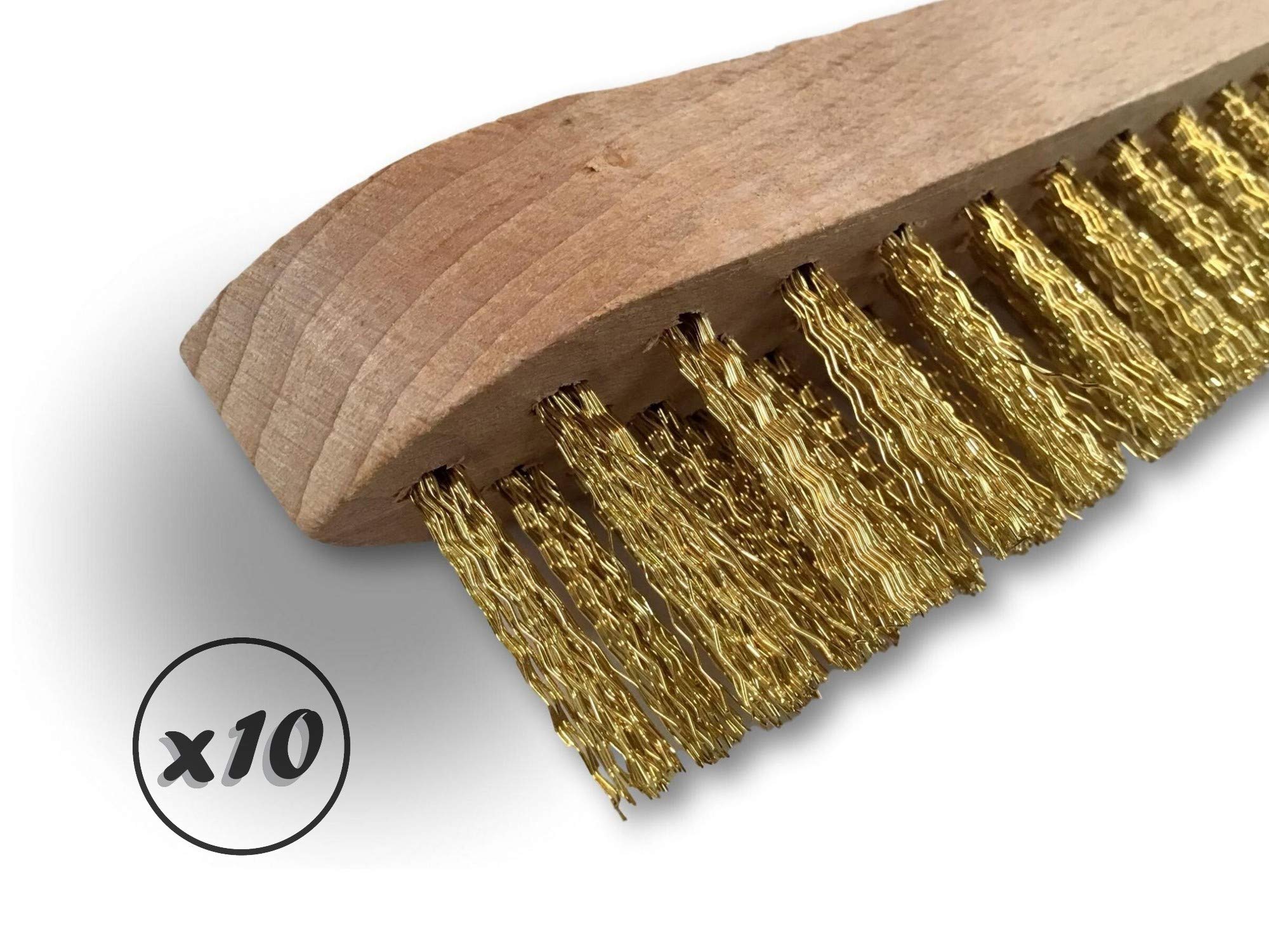 Standardowa szczotka druciana do spawania ręcznego | Zestaw 10 | 4-rzędowy mosiężny drut falisty 30 mm | Drewniany uchwyt | Szczotkowanie usuwanie rdzy | Kibros 32L4x10