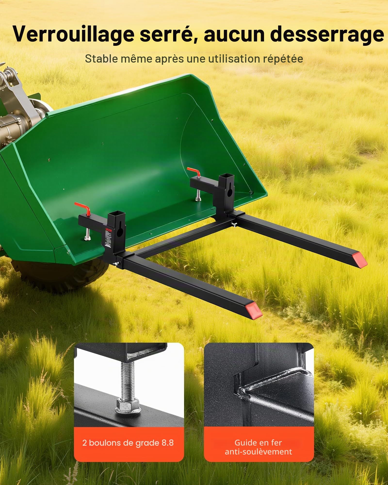 VEVOR Fourches à Palettes à Pince Charge 907 kg Fourches à Godet Longueur Totale 109 cm avec Barre Stabilisatrice Réglable 50-91,5 cm, Compatible avec Godet de Chargeuses Compactes Tracteurs, Noir