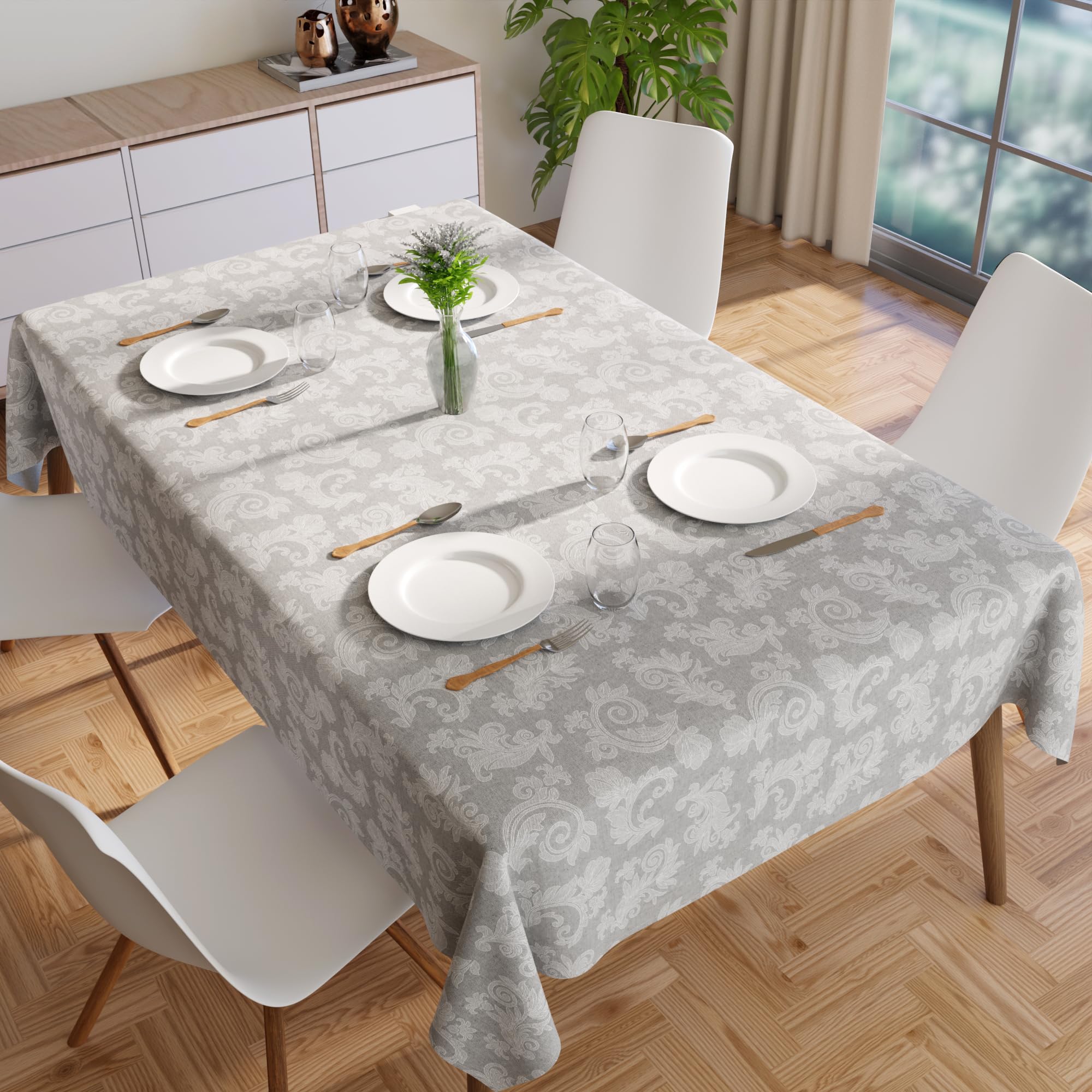 Encasa XO 8 to 10 Seater Dining Table Cloth 145x300 cm (57x118 in) I Floral Grey Jacquard Style Print on Chambray Homespun Cotton I for Family Gatherings Parties I Washable - Image 4