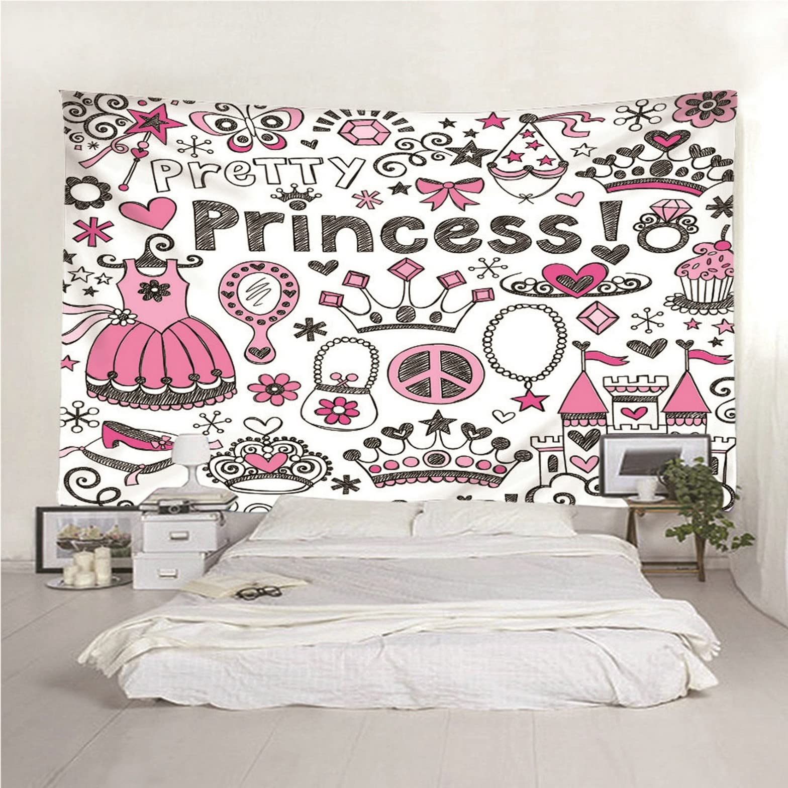 Ethereval Arazzi Da Parete Grandi Tapetto Camera Letto Motivo Della Serie Principessa Carina Tema Cartone Animato Arazzo xxl Abbellimento Bianco Decorazioni Tessuto 350x250cm