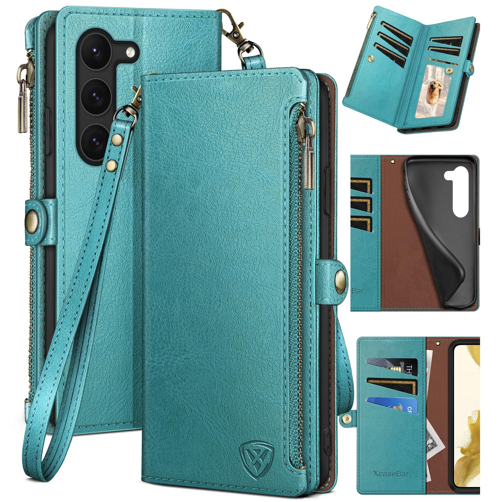 XcaseBar for Samsung Galaxy S23 Plus Wallet case with Zipper ?RFID Blocking? Credit Card Holder, Flip Folio Book PU Leather Phone case Shockproof Cover Women Men for Samsung S23Plus case Blue Green