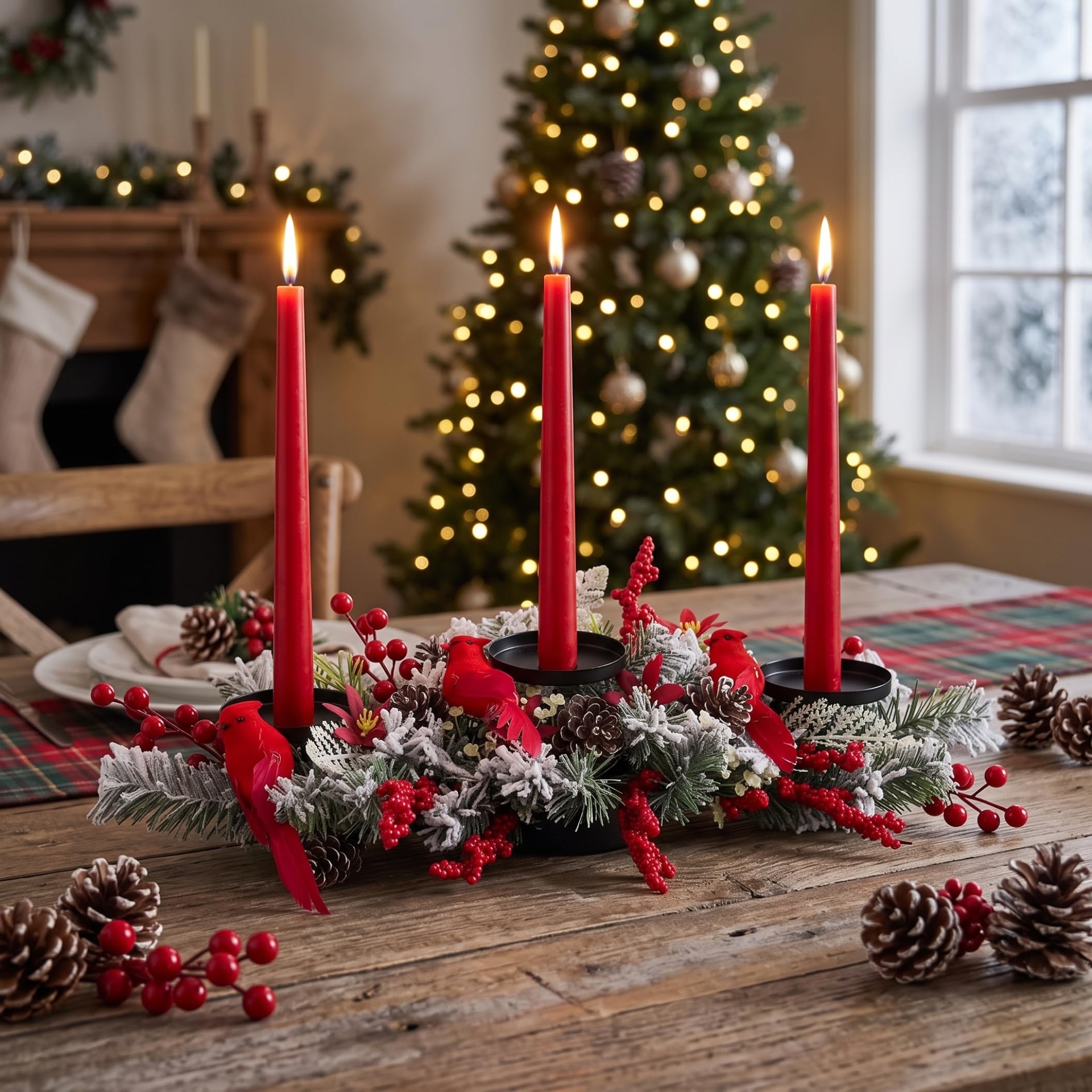 Centro de Mesa navideño candelabro Floral Cardenal Rojo/Negro