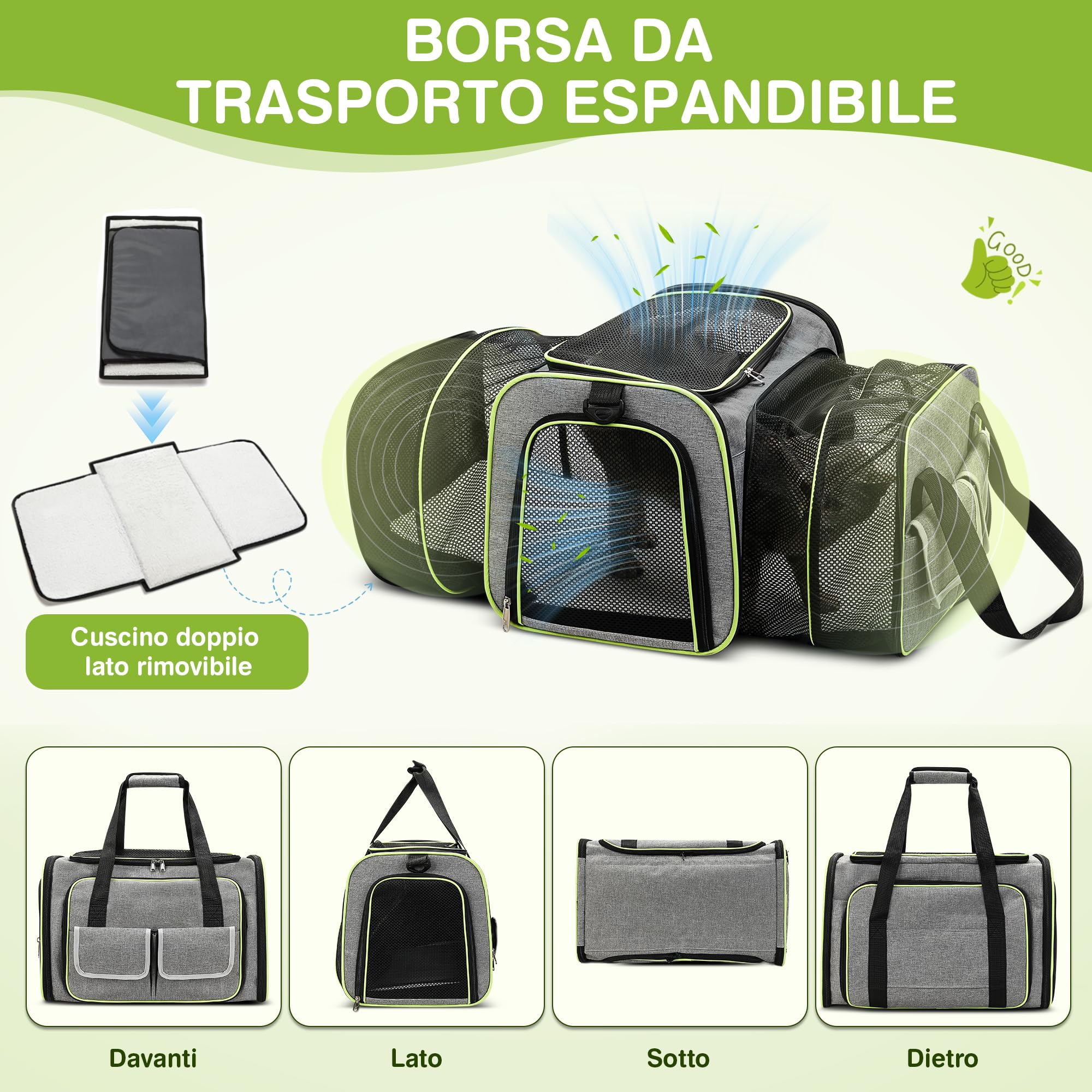 ALLSOPETS Trasportino Pieghevole Per Cani E Gatti Espandibile - Con Cuscinetto In Pile Rimovibile Per Viaggi E Veterinario - Foto 4