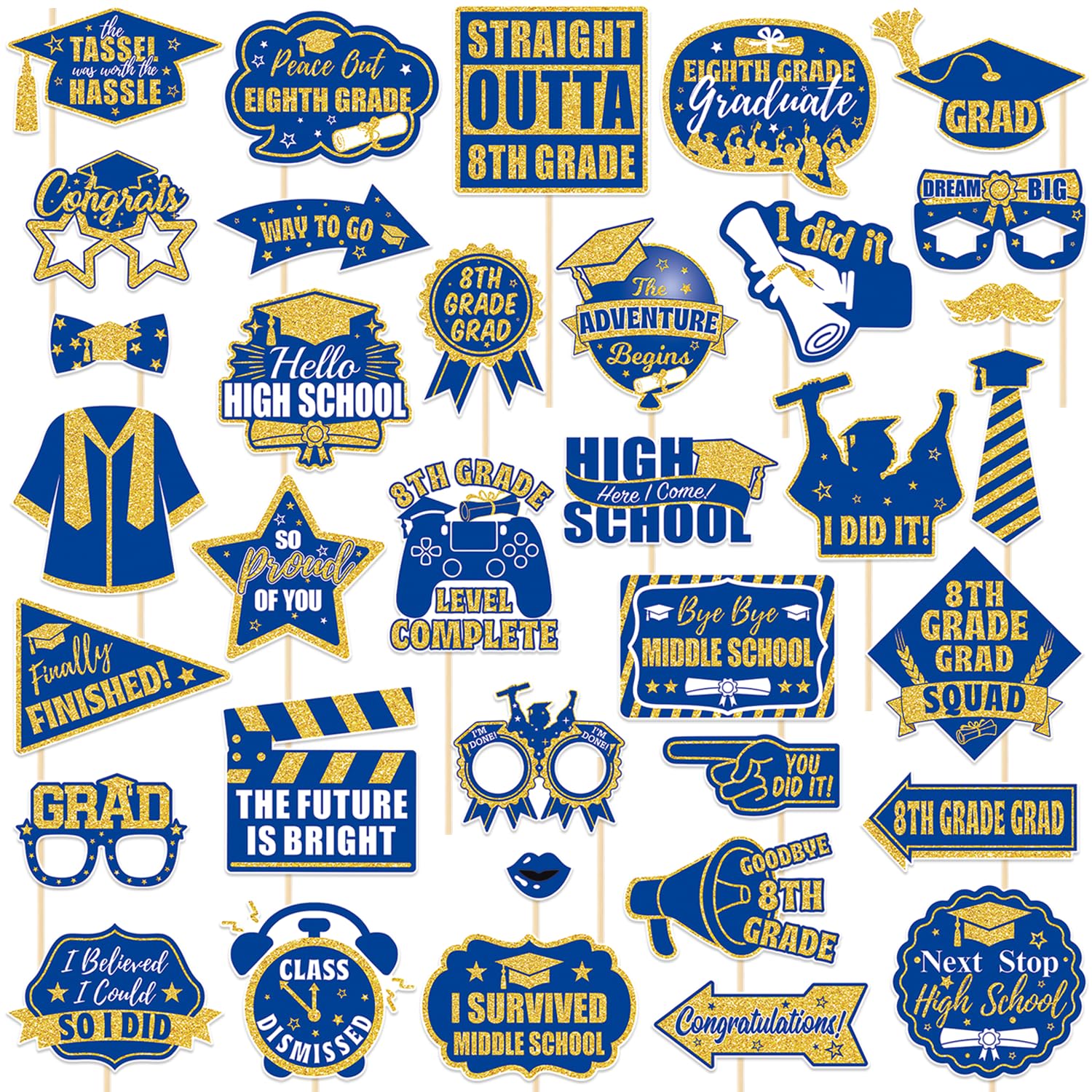 Photo 1 of JKQ 35 Pieces 8th Grade Graduation Photo Booth Props Kit Funny Congrats Eighth Grade Grad Props Sticks Class of 2026 Middle School Graduation Party Decorations Supplies Blue Gold