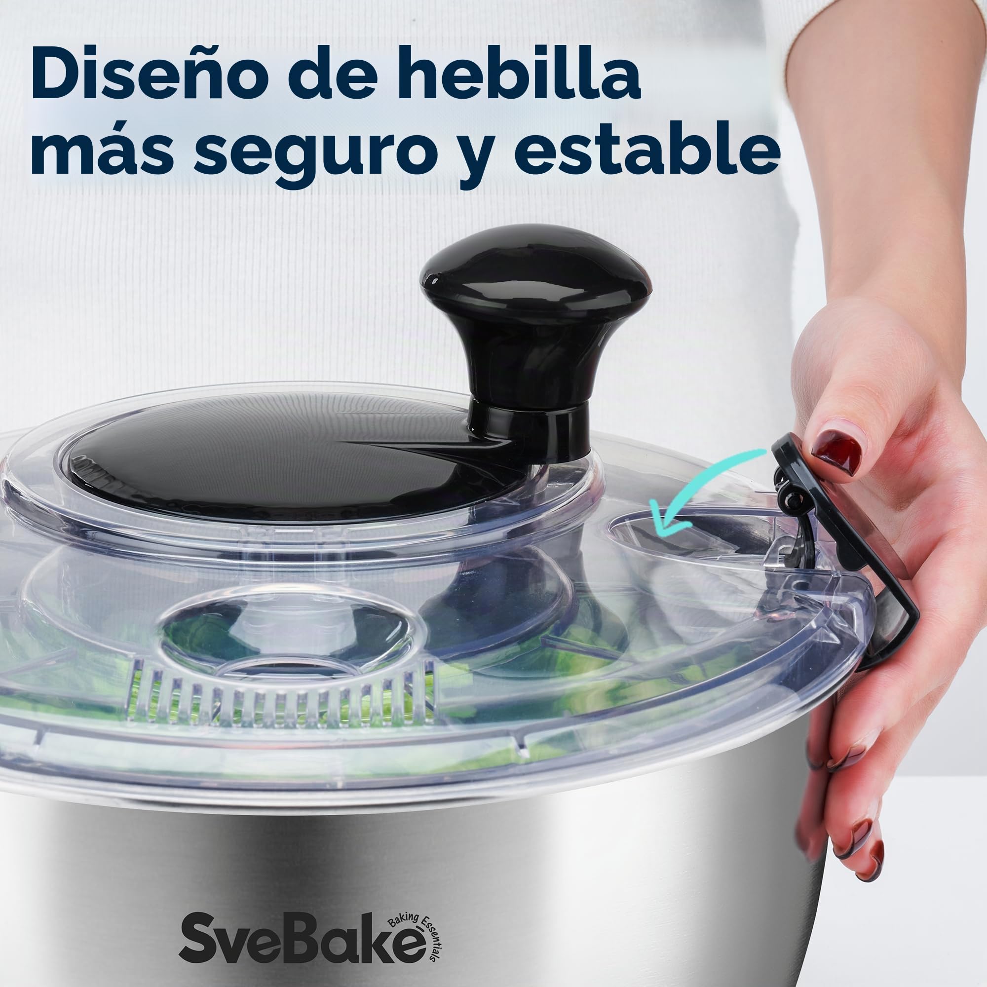 SveBake Centrifugadora Lechuga Acero Inoxidable 18/10, 4.5L Escurridor Verduras con Mango Giratorio Y Base Antideslizante, Escurridor Ensalada Sin BPA