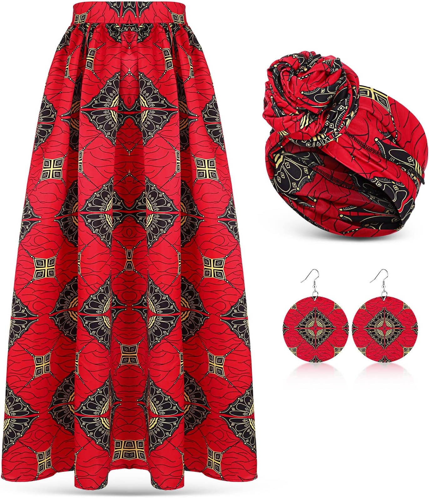 Janmercy3 Pcs Women African Skirt Printed Maxi Skirt Long Skirts with Pockets Boho Casual Dress Head Wrap Scarf Drop Dangle Earrings