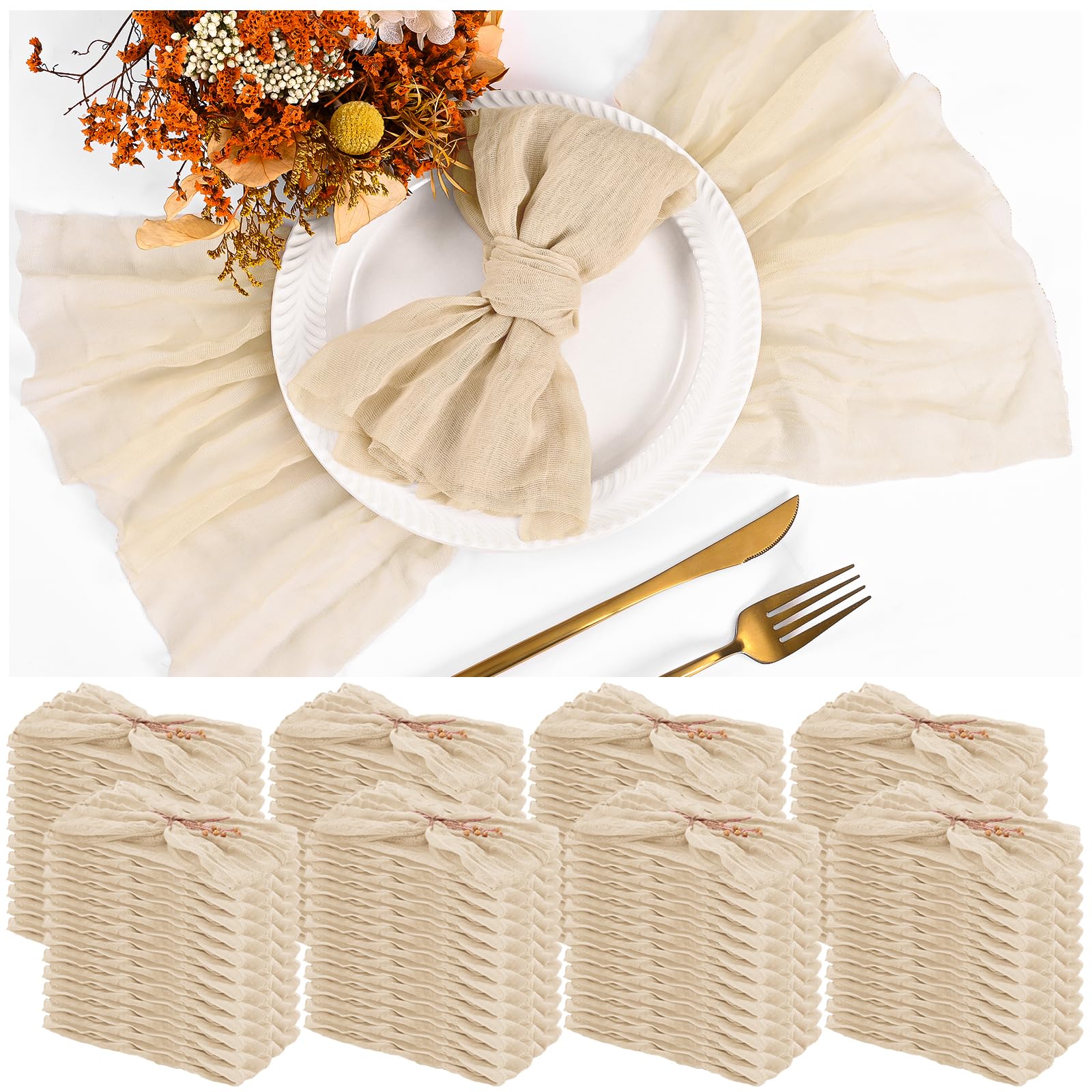 100 Pezzi Tovaglioli in Mussola Beige per Cene, Matrimonio, Decorazione Rustica da Tavolo, 17 x 17 pollici, Accartocciati