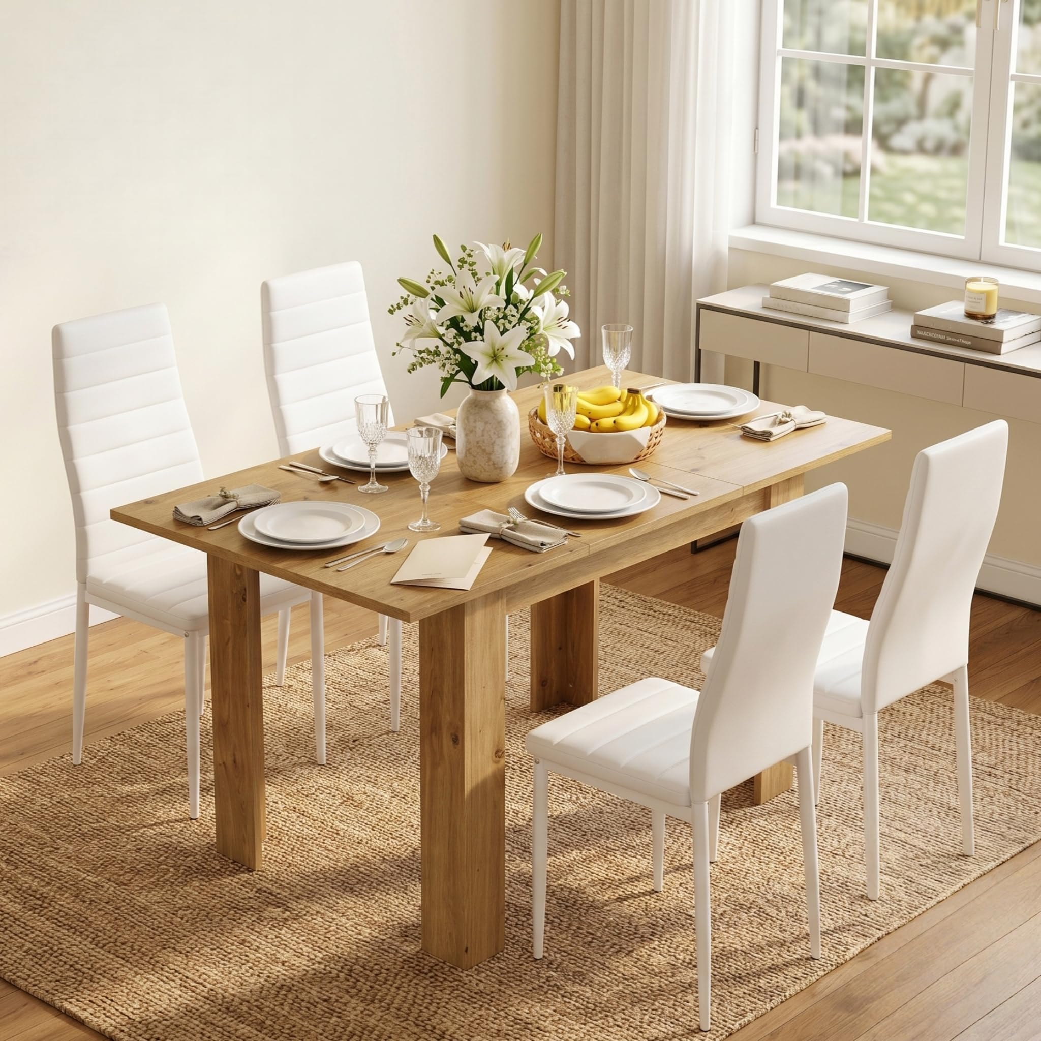 Set tavolo da pranzo allungabile 90-125 cm con 4 sedie, set tavolo e sedie in similpelle, risparmio di spazio, per piccolo spazio cucina, sala da pranzo e soggiorno (rovere + bianco)