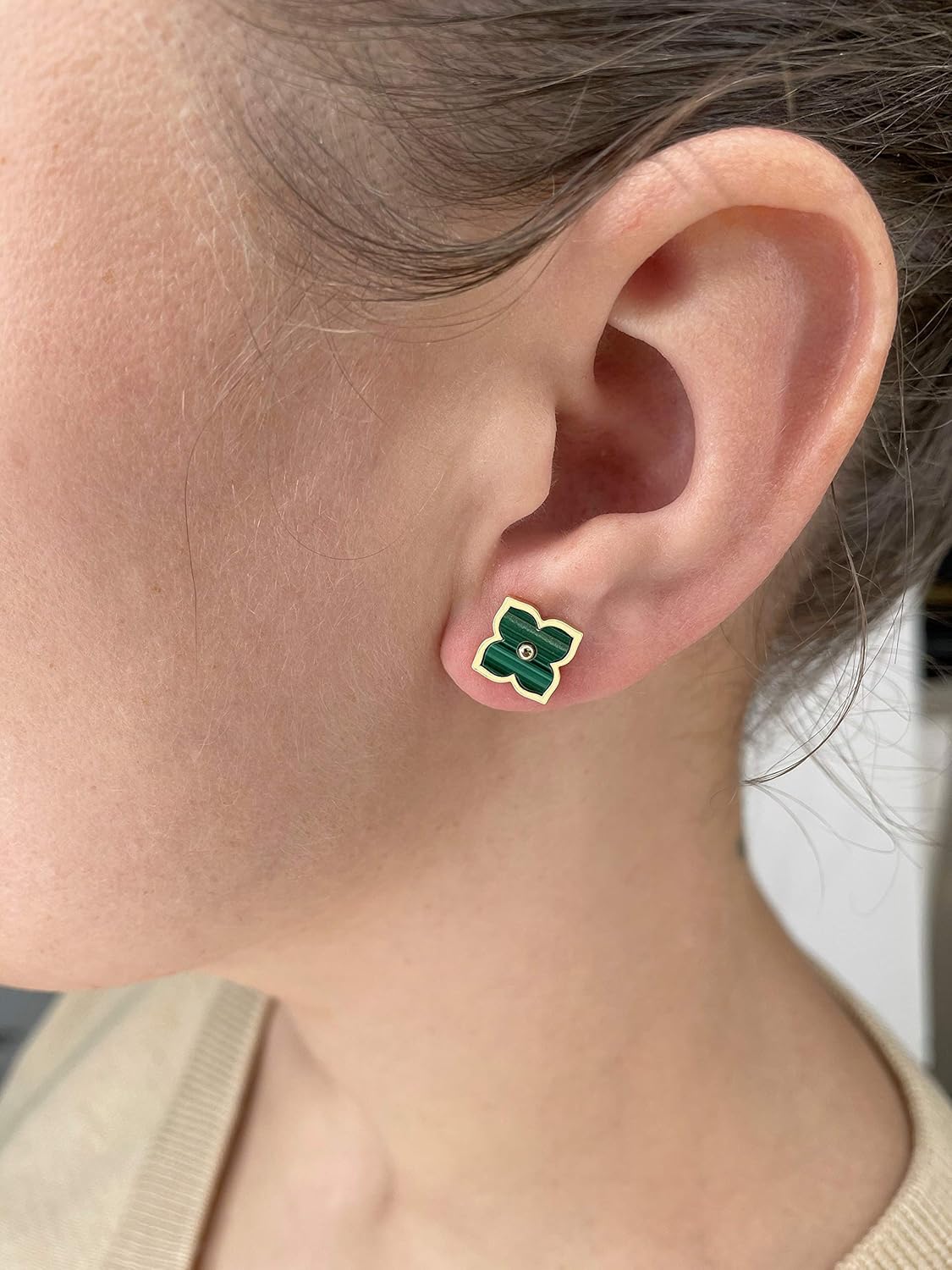 Lavari Jewelers Four Petal Flower Stud Earrings for Women - Black Onyx Mother of Pearl Malachite & Cubic Zirconia in 925 Sterling Silver - Hypoallergenic Gold Plated - 12 MM Push Back Studs for Her - Image 4