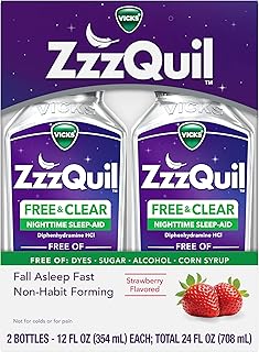 ZzzQuil Liquid Sleep Aid, Diphenhydramine 50mg HCI, Free & Clear, Free of Alcohol and Artificial Dyes, Nighttime Sleep Aid Liquid, Non-Habit Forming, Strawberry Flavored, 2 Pack, 24 FL OZ