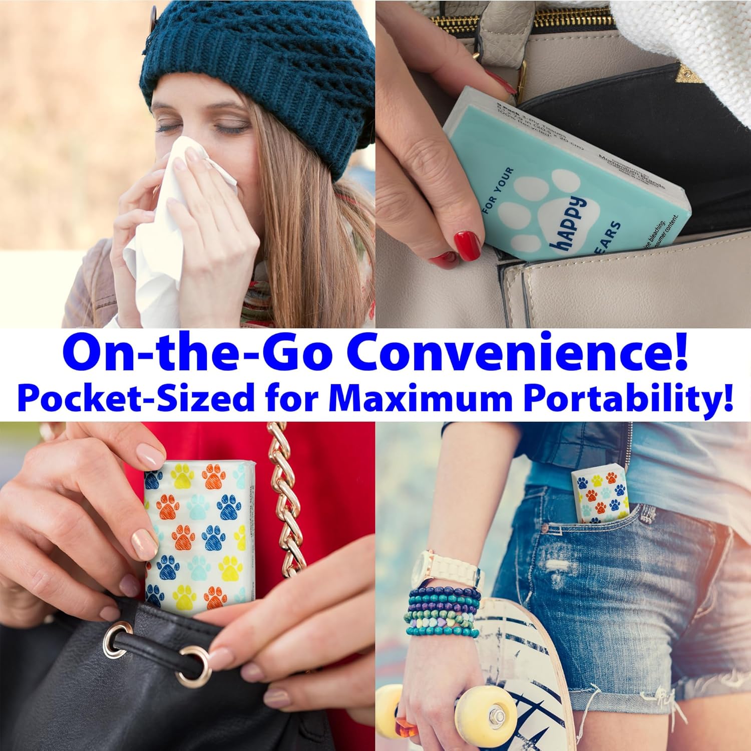 Travel Tissue Packs – 216 Compact 3-Ply Packs (1,944 Total), Soft Chlorine-Free Facial Tissues for Purse, Car, or School, Gentle & Durable, Non-Bleach, Playful Dog Design