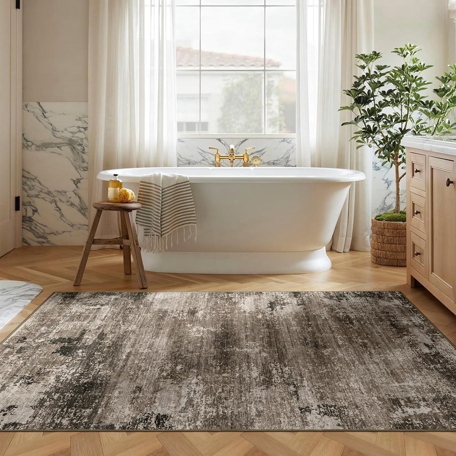 3' x 5' Abstract Living Room Rugs Washable Area Rug - Non Slip Soft Low Pile Rug, Modern Boho Design Spill-Resistant Stain-Proof Rugs for Living Room, Bedroom, Office, Nursery Dark Brown