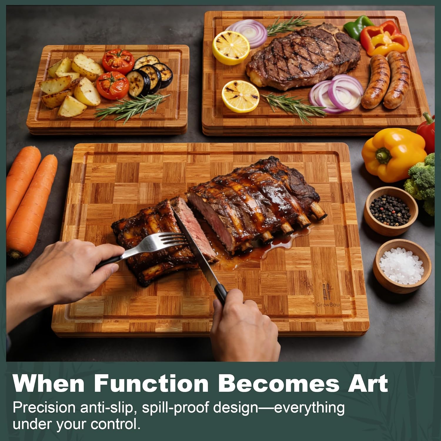 Extra Large Bamboo Cutting Boards, 3-Pack Heavy Duty Bamboo Cutting Boards Set with Juice Grooves & Non-Slip Feet – Extra Large Thick Wood Chopping Board for Meat, Fruits & More, Non-Toxic & Durable