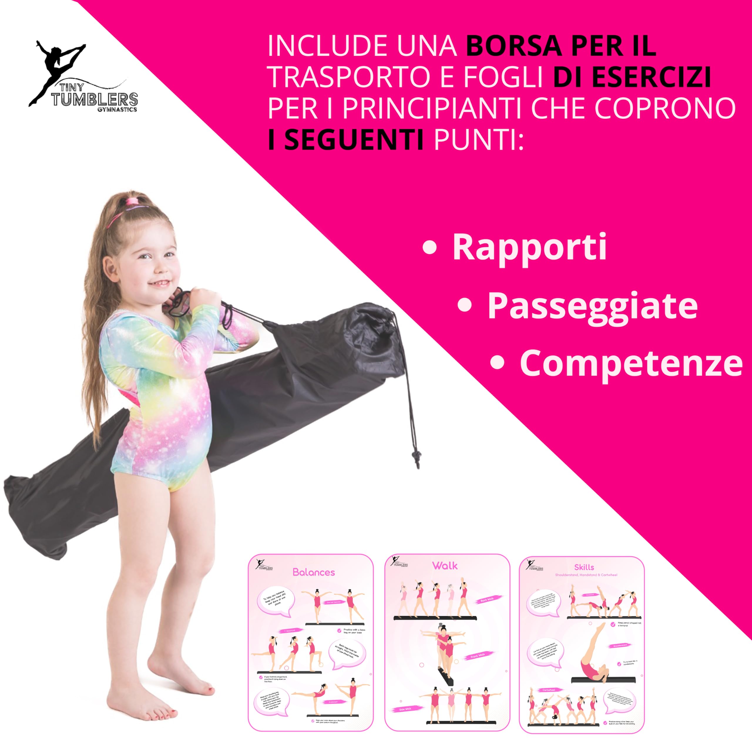 Trave ginnastica artistica per casa - 210/240/270/300 - Incredibile attrezzatura per l'equilibrio per i bambini a casa - Finta pelle scamosciata, schiuma EVA ad alta densità - cinghie per il trasporto