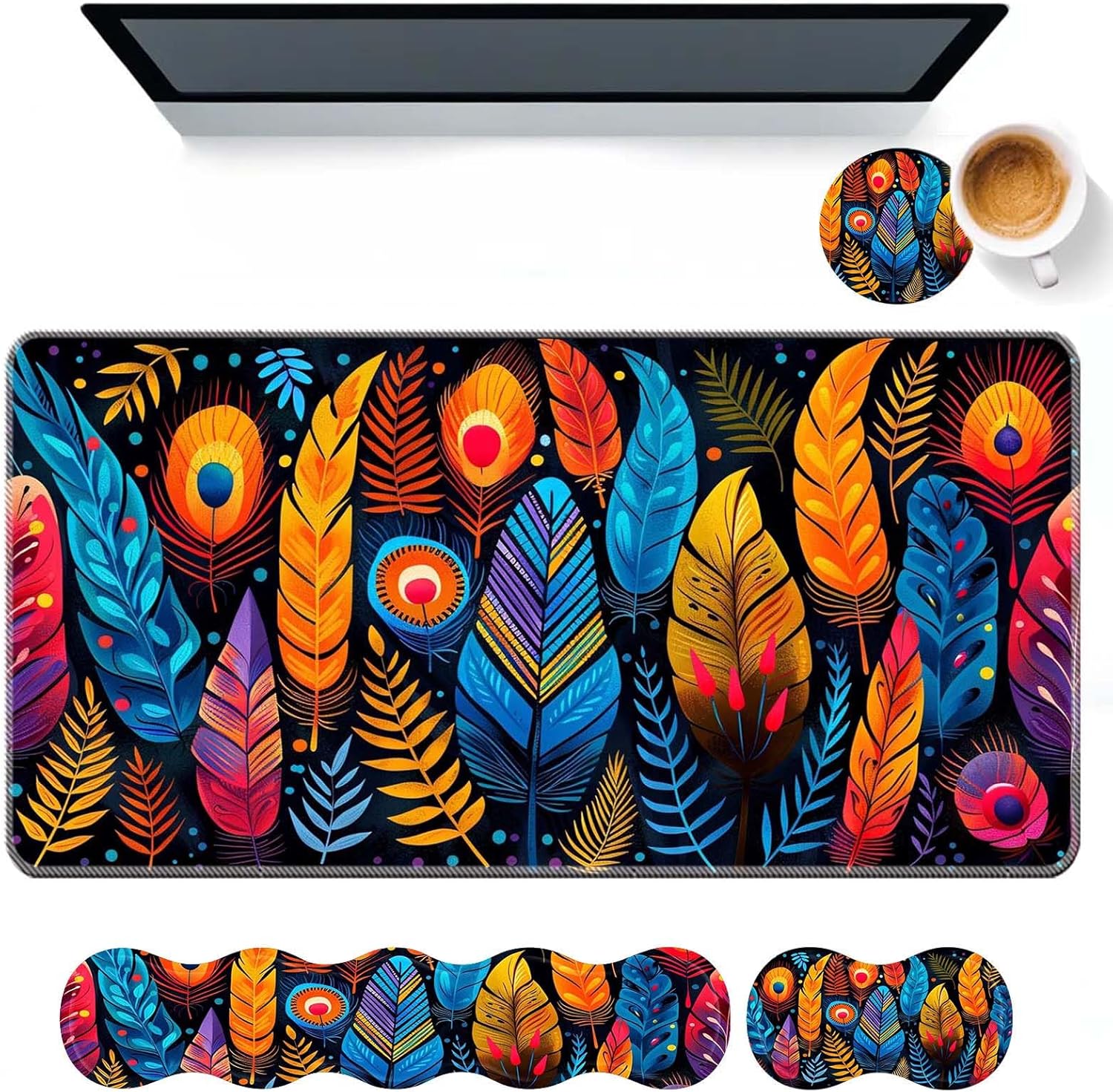 Keyboard Mouse Pad Set,Large Desk Pad+Keyboard Wrist Rest+Mouse Pad Wrist Support+Coaster,Easy Typing Pain Relief Non-Slip Mousepad Wrist Support Mousepad Set Home Office,Sunflower Elephant