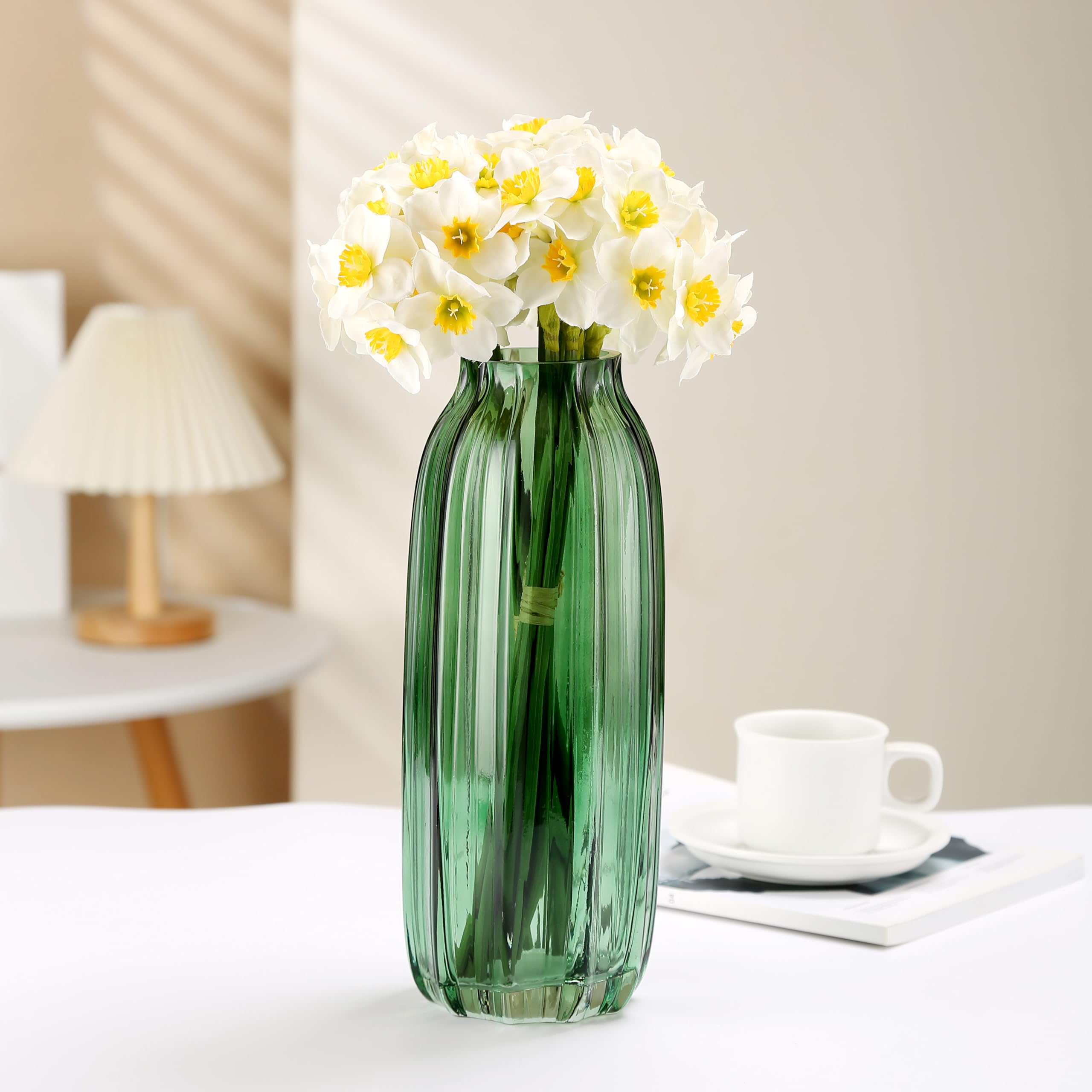 JAKY Global Large Green Glass Flower Vase H-32cm Tall Glass Vases for Flowers Elegant Home Living Room Decor,Table Centerpiece for Farmhouse and Office(Green 32cm) - Image 2