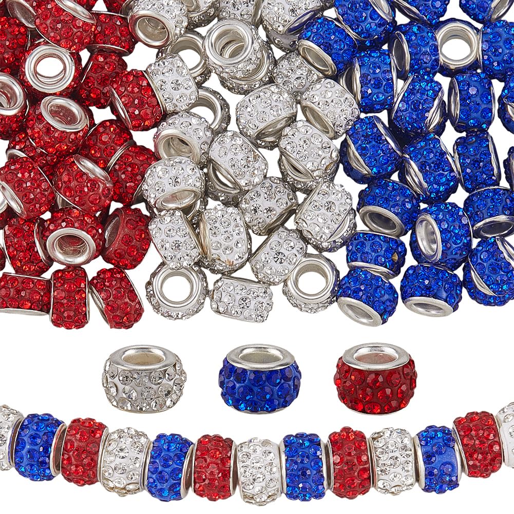 PONABEADIY 1 Box 12MM 120PCS Large Hole European Sparkly Beads Rhinestone Big Holes Spacer Red Blue Silver Charms Loose Bead Bulk for Jewellery Making Bracelets Beadable Pens Hair Braids DIY Crafts โ image 1