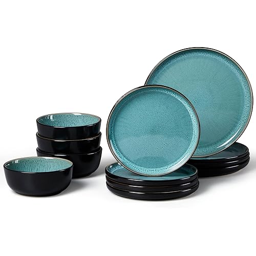 LIANYU Ceramic Dinnerware Sets for 4, 12 Piece Porcelain Stoneware Plates and Bowls, Scratch Resistant Round Kitchen Dishes Set, Dishwasher and Microwave Safe Dinning Ware Set, Pastel Turquoise