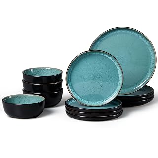 LIANYU Ceramic Dinnerware Sets for 4, 12 Piece Porcelain Stoneware Plates and Bowls, Scratch Resistant Round Kitchen Dishes Set, Dishwasher and Microwave Safe Dinning Ware Set, Pastel Turquoise - Amazon product rated Grade A
