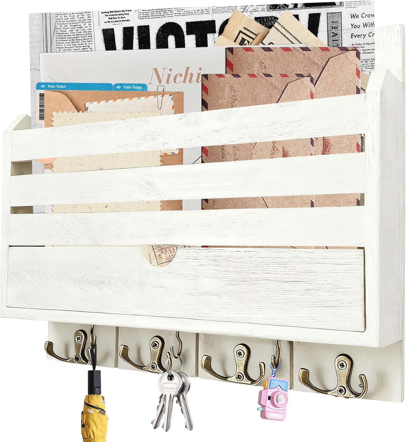 Decorative Mail Organizer, Key and Mail Holder for Wall,Wood Key Holder Wall Mount with,7 Key Hooks - Home Deco,Key Racks for Home Entryway Decor (Black) (White)