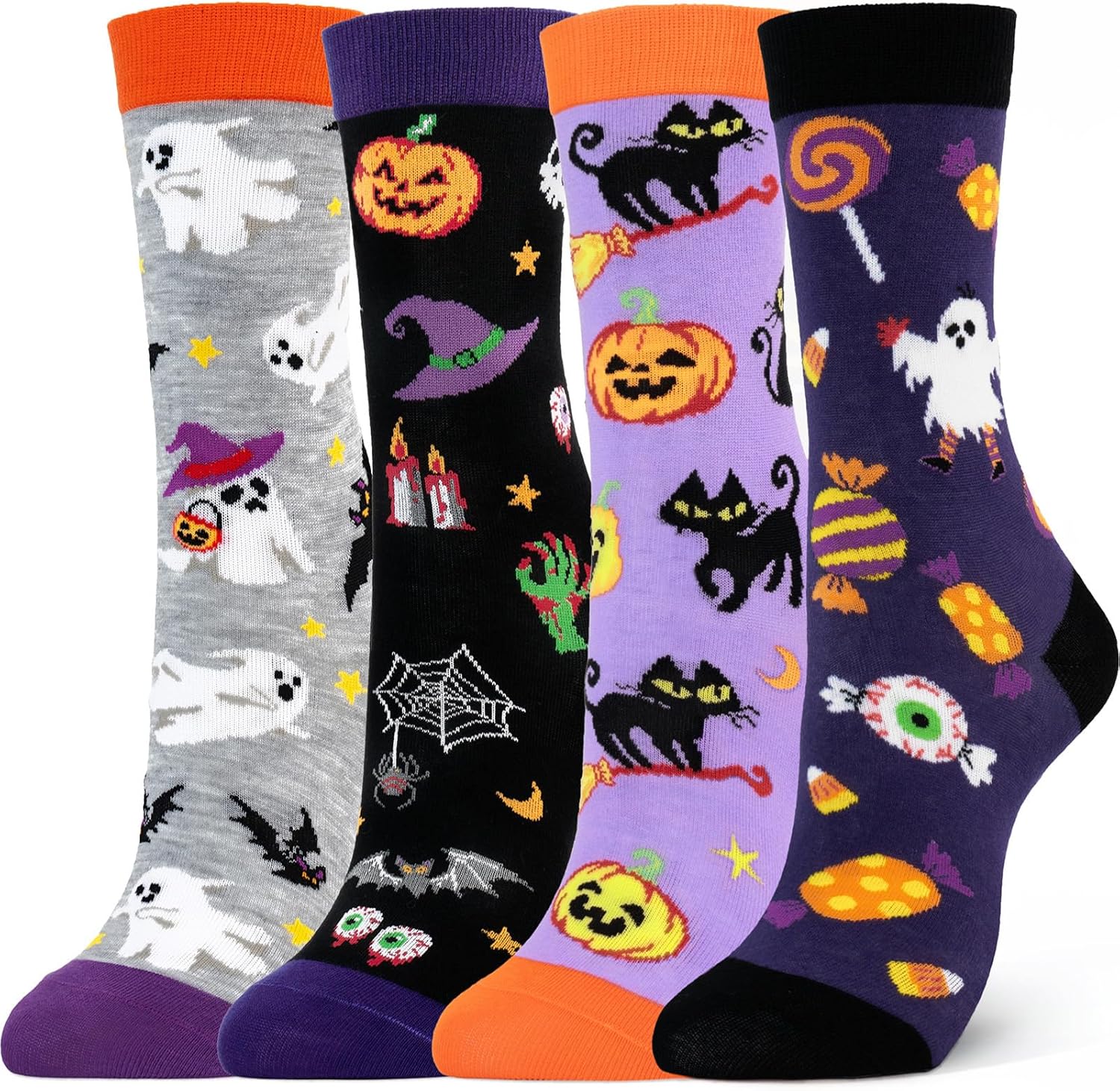 4 Pack Kids Halloween Socks, Novelty Horror Spooky Pumpkin Cat Ghosts Stocking Gift Set for Boys Girls